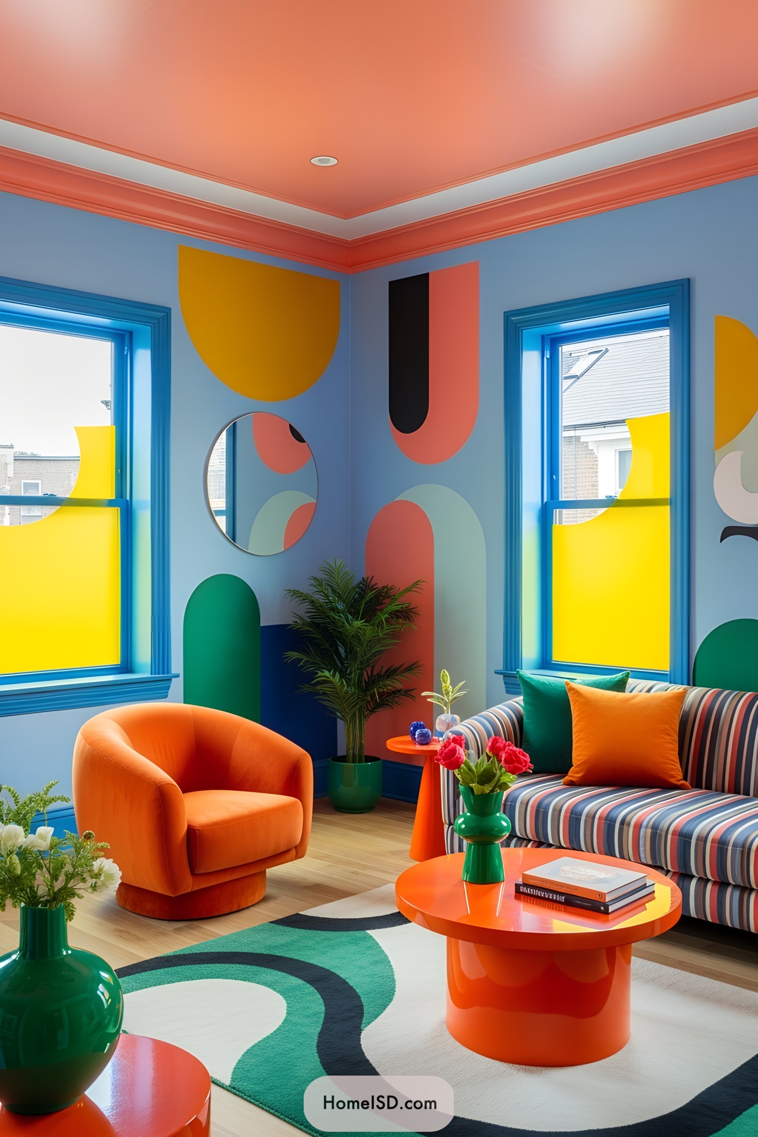 Bold, colorful living room with geometric designs