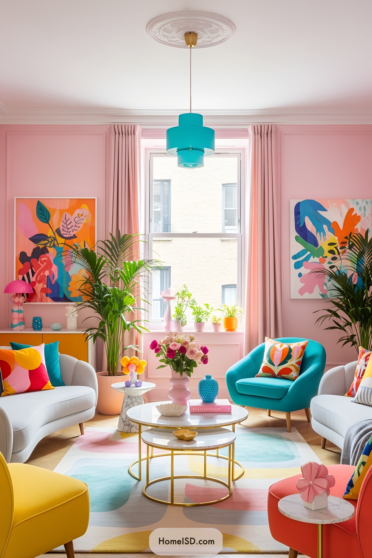 Vivid room with playful color scheme and vibrant decor