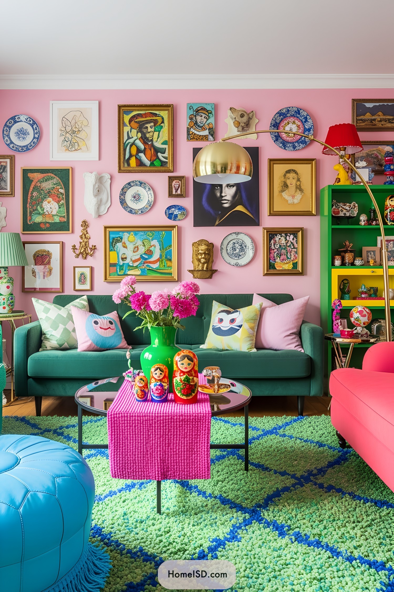 Colorful living room with playful décor and vintage-style touches