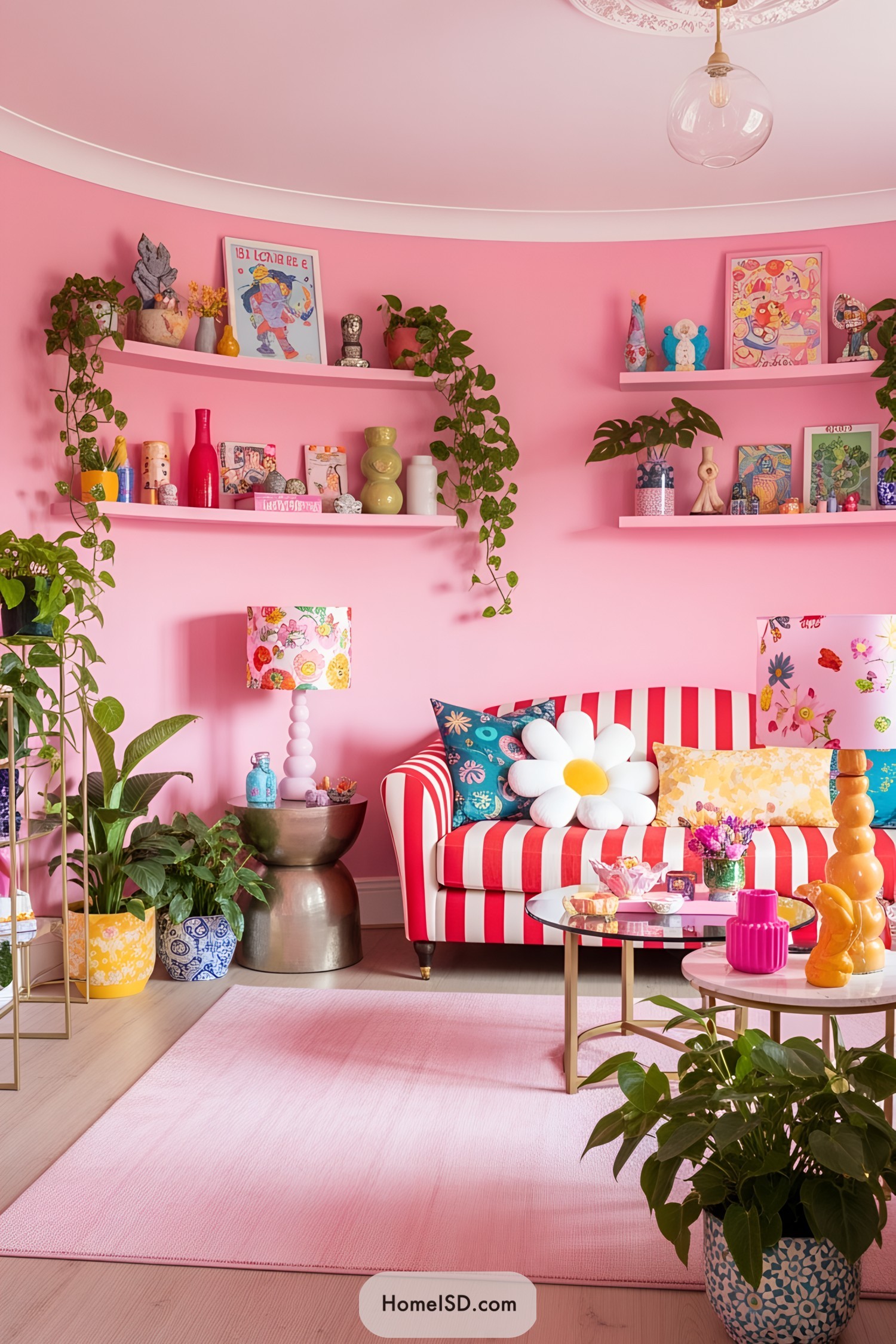 Joyfully colorful living room with pink walls and vibrant decor