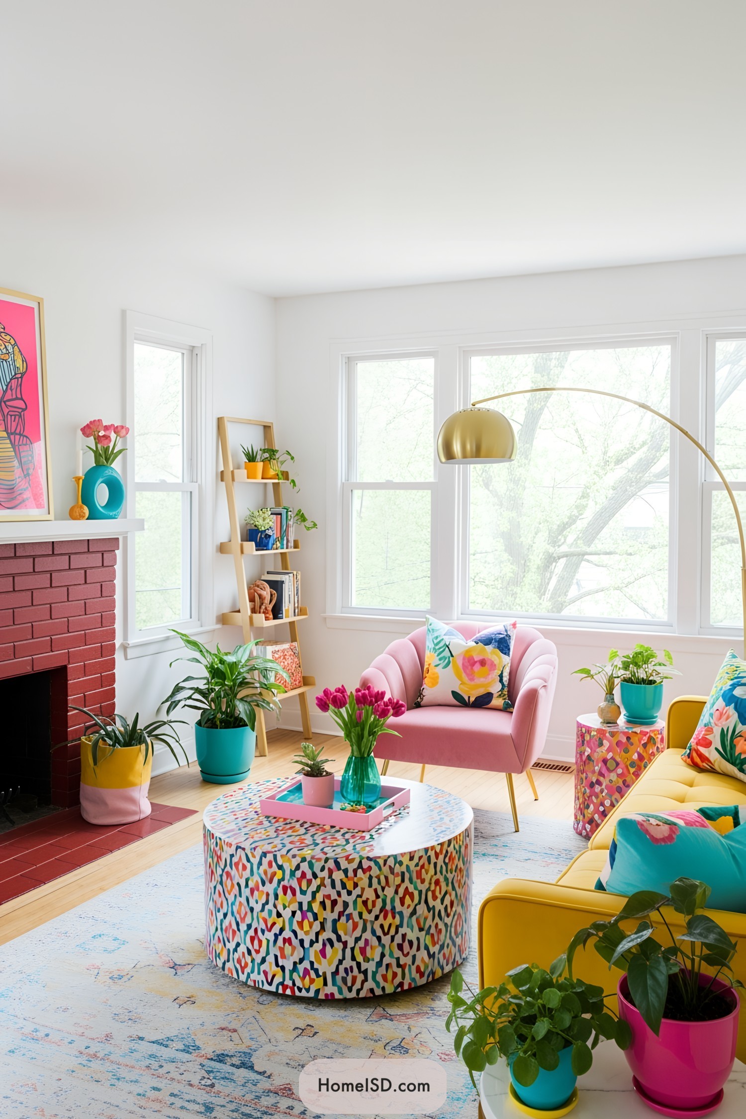 Vibrant and eclectic living room with colorful furniture and decor