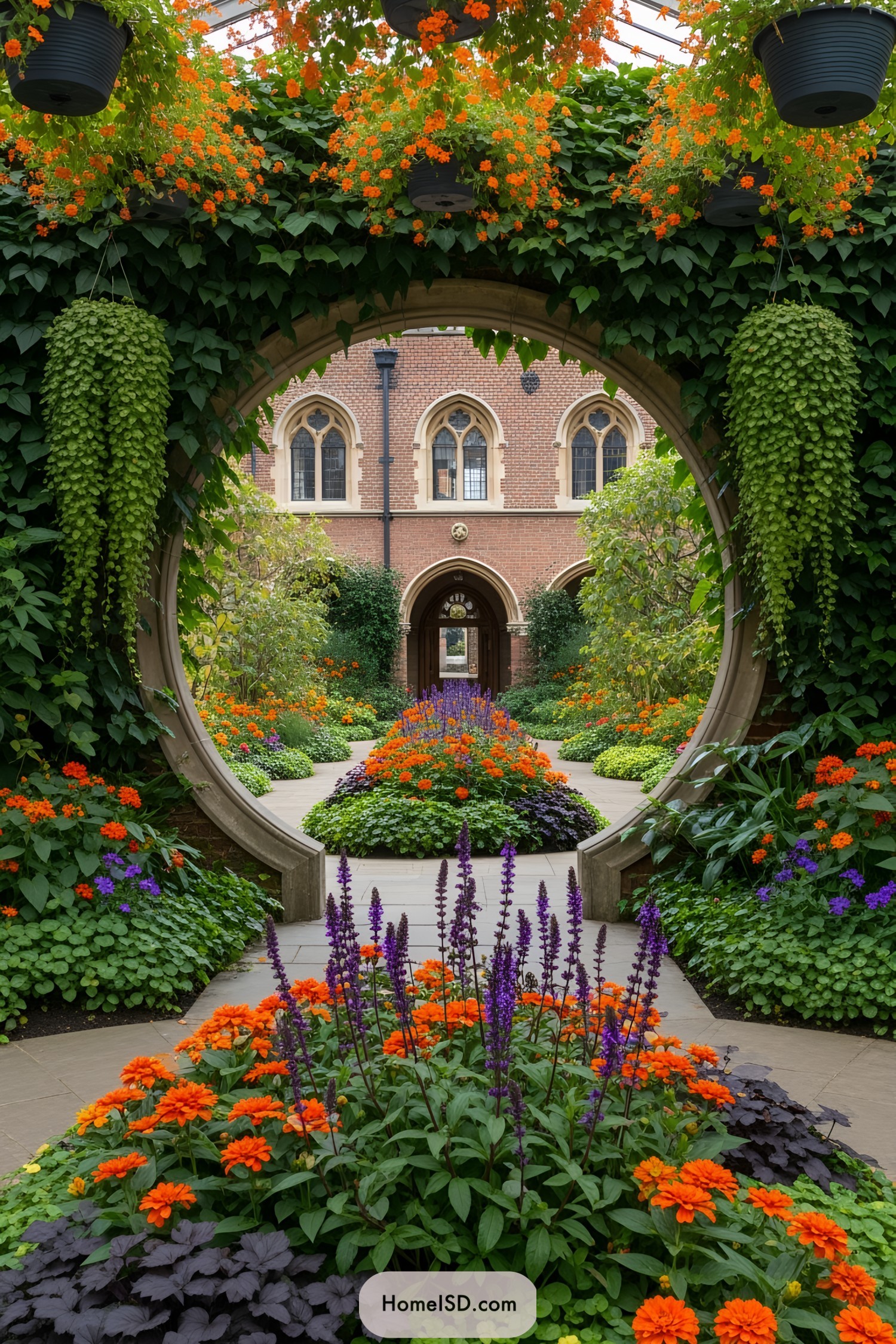 Colorful flowers blooming under an archway in a garden
