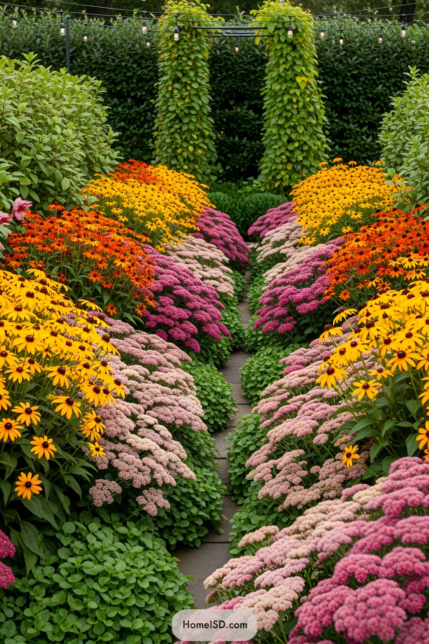 Vibrant fall flowers lining a garden path