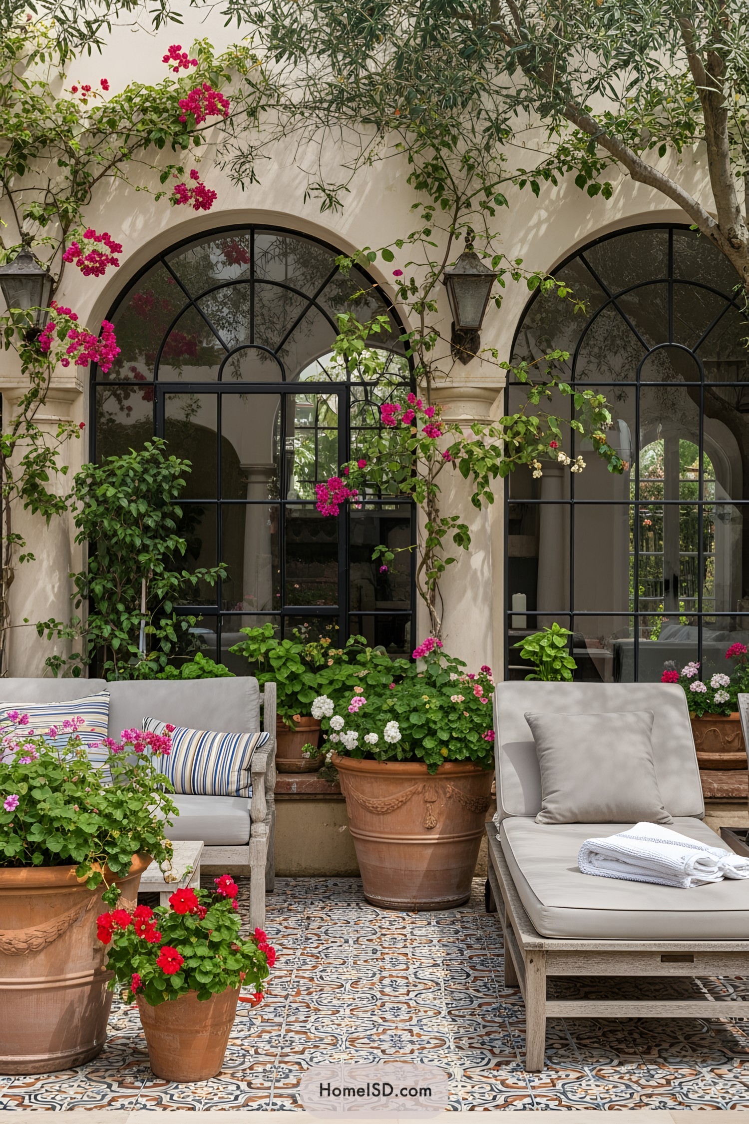 Chic patio with lush plants and cozy seating
