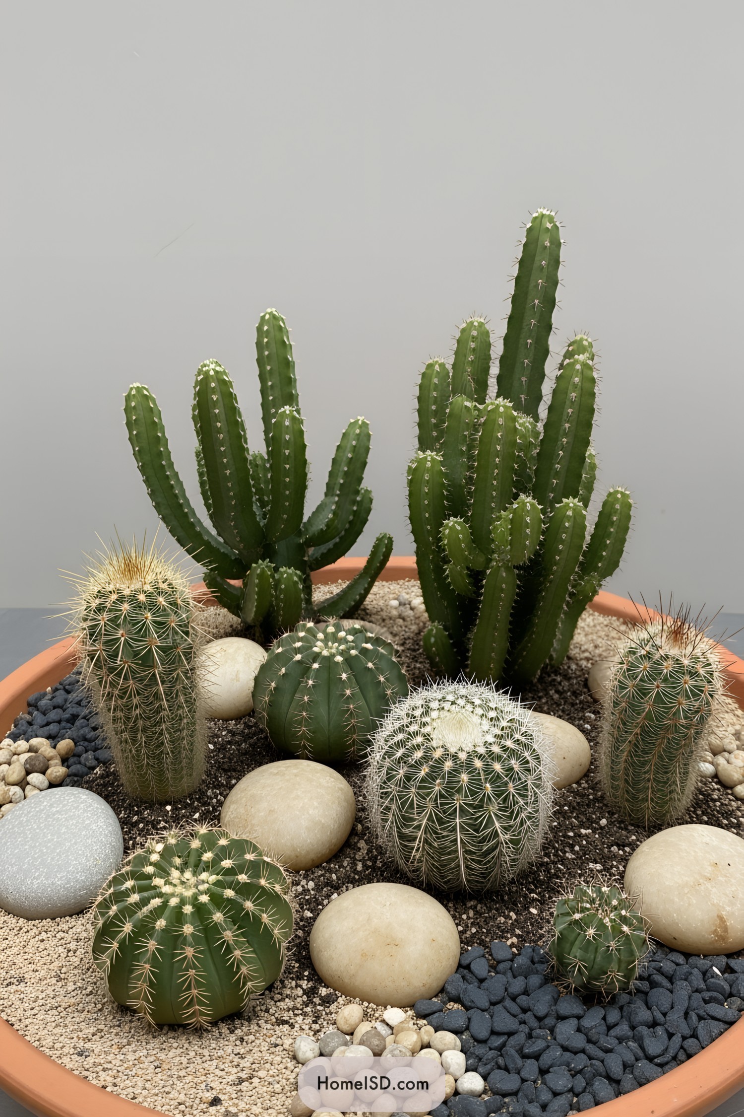 Assorted cacti and stones in a circular dish garden