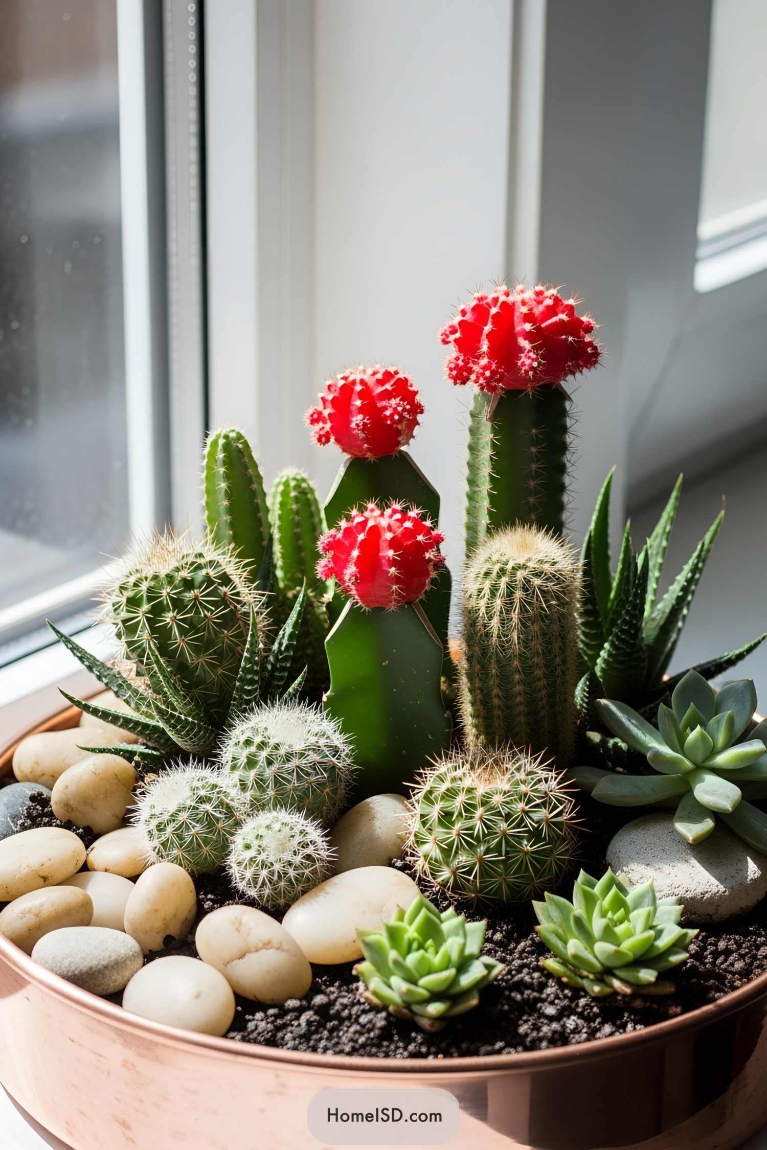 Miniature cactus garden in a copper pot by a window