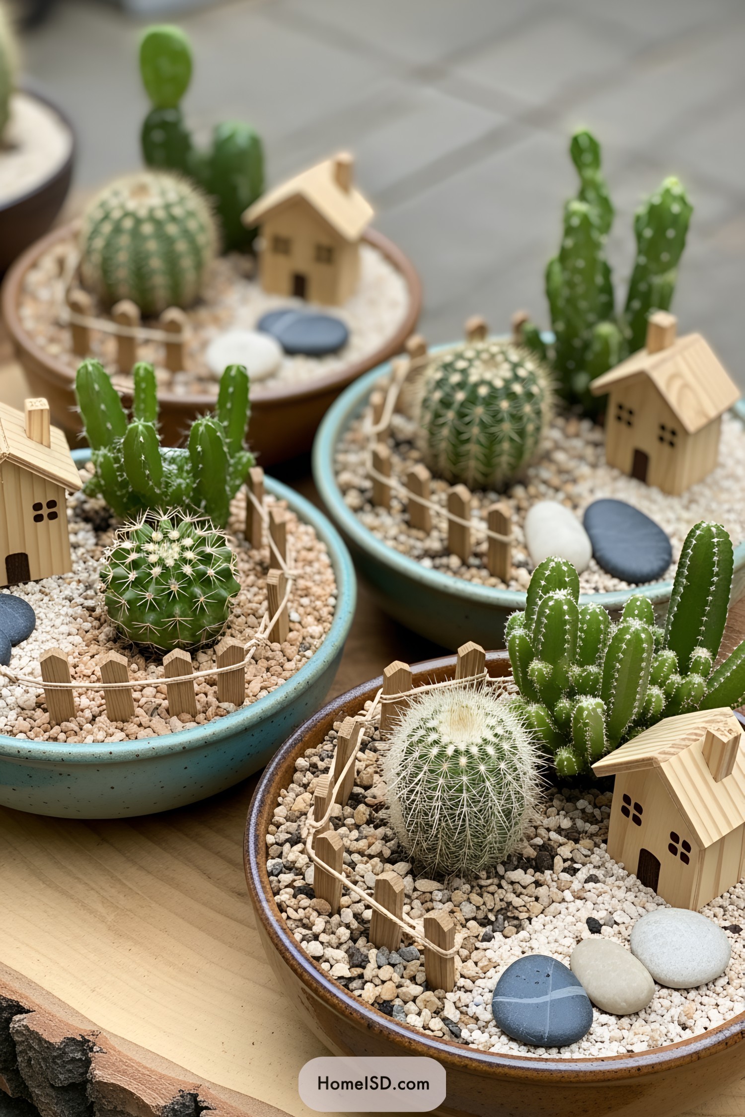 Mini cactus gardens with tiny wooden houses and pebbles