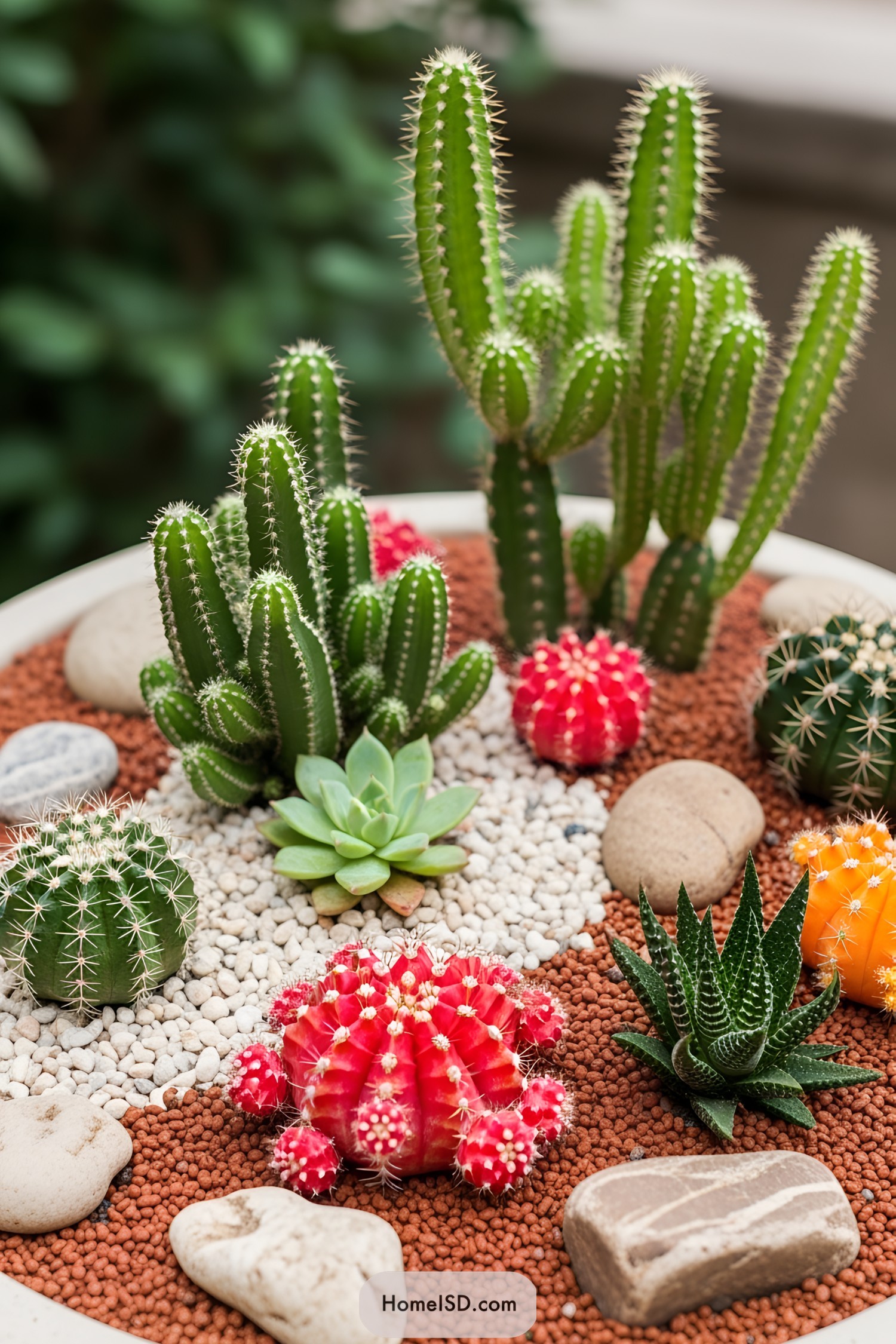 Mini cactus garden with colorful succulents