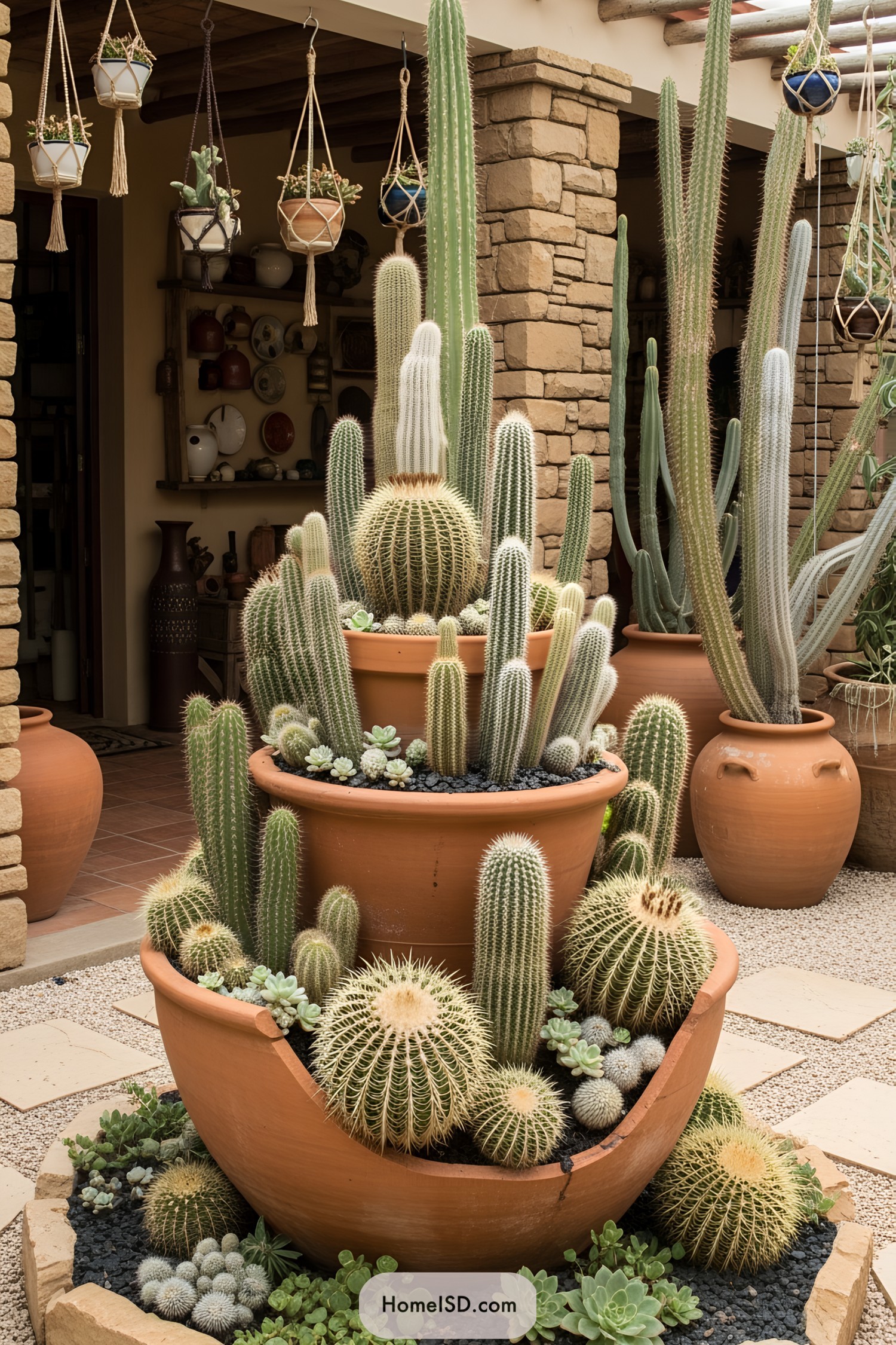 Assortment of cacti in terracotta pots with hanging planters