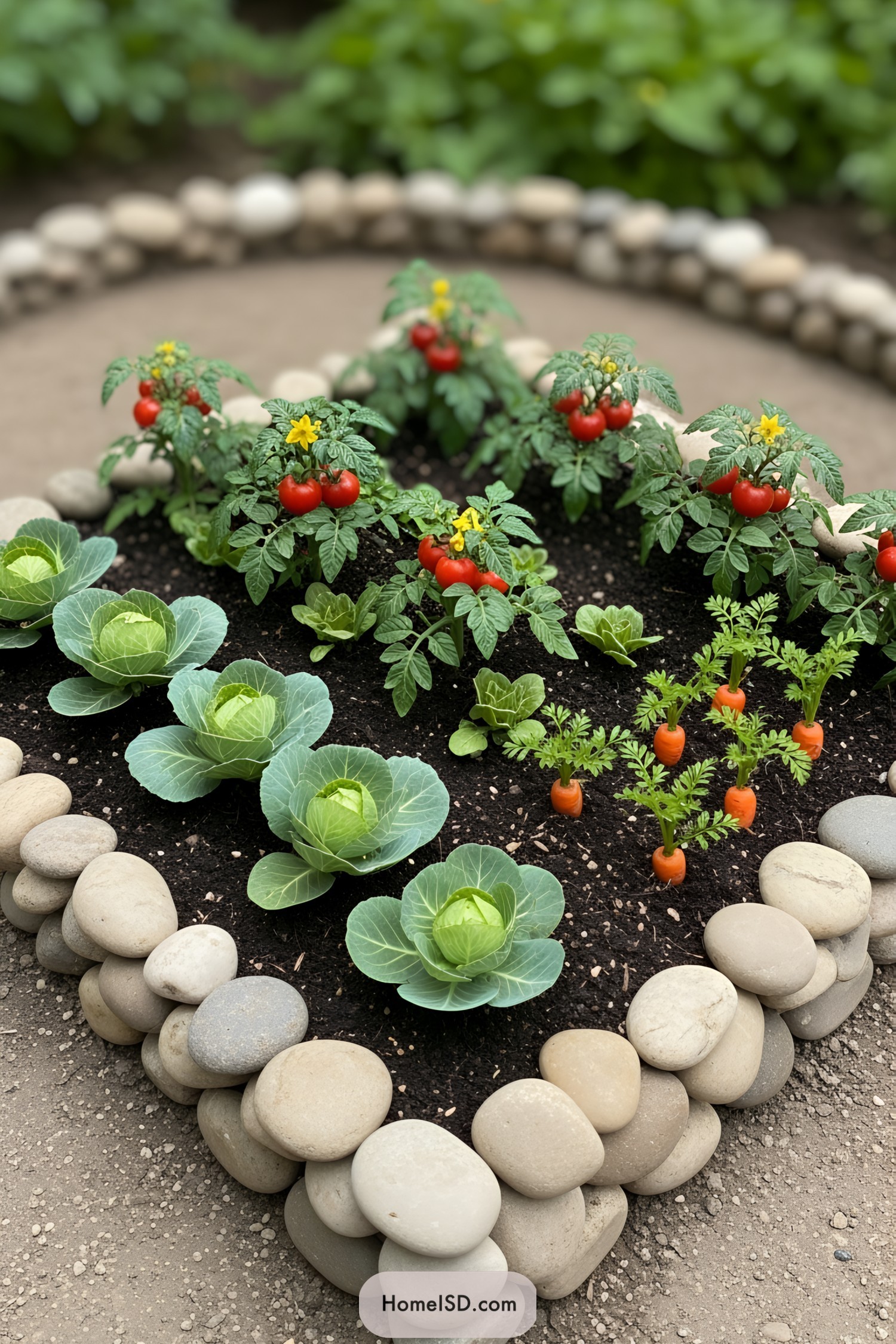 Miniature vegetable garden bordered by smooth stones