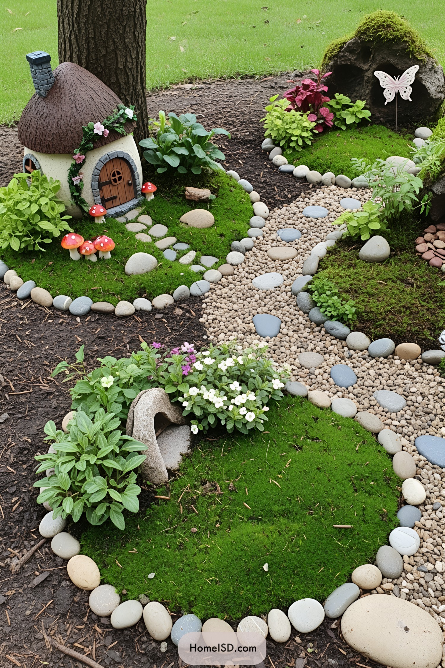 Miniature garden with fairy house, plants, and pebble pathway
