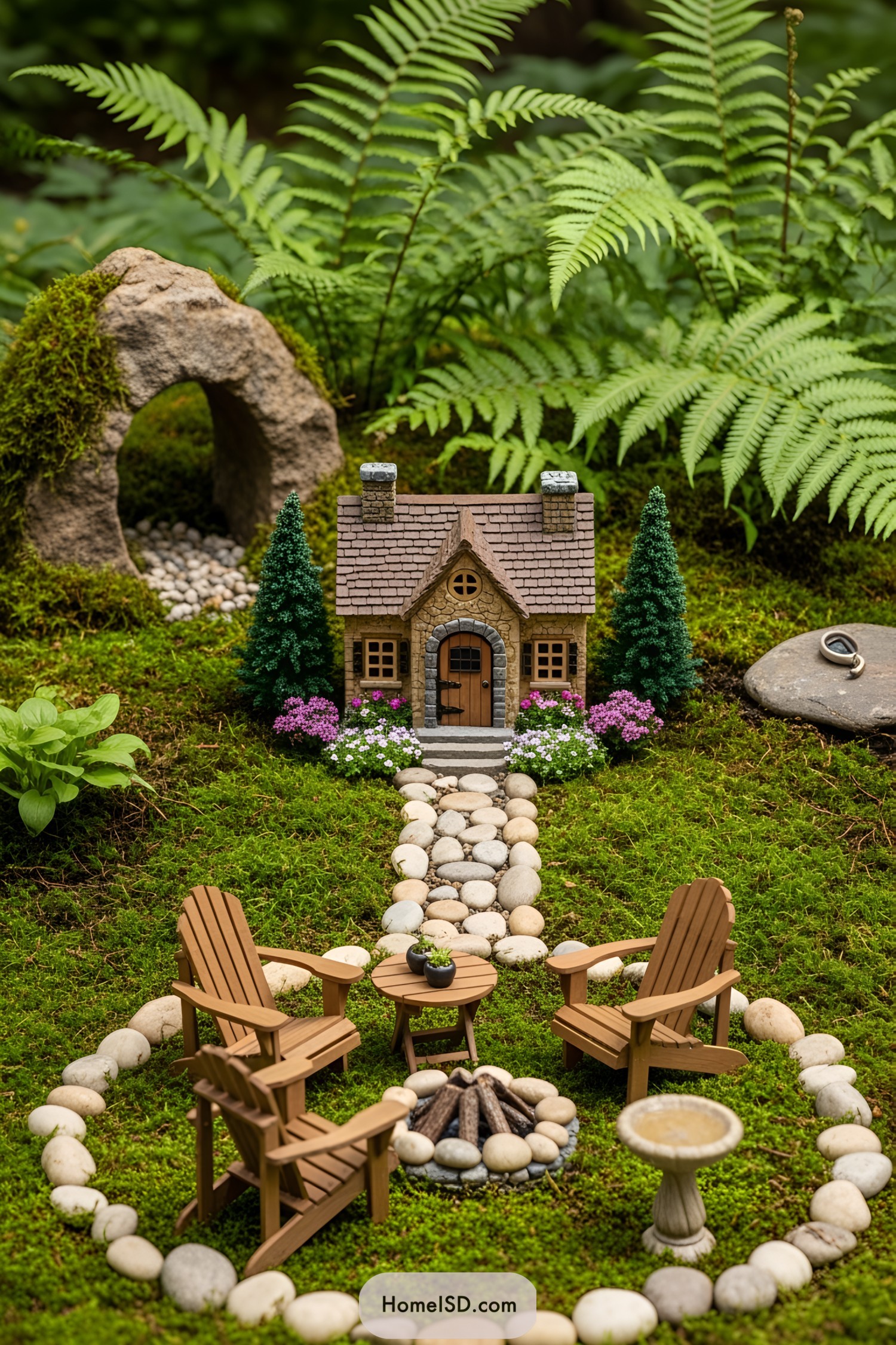 Tiny fairy garden with pebble path and cozy chairs