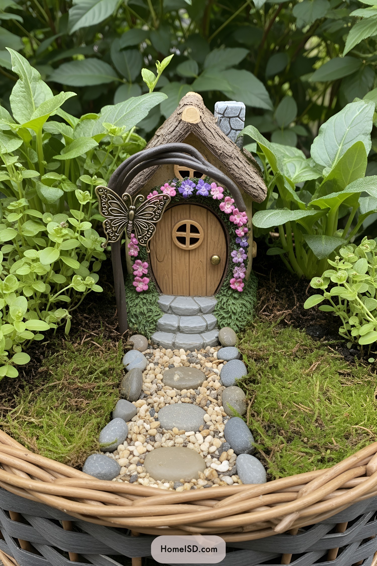 Miniature house with a pebble path and butterfly decoration