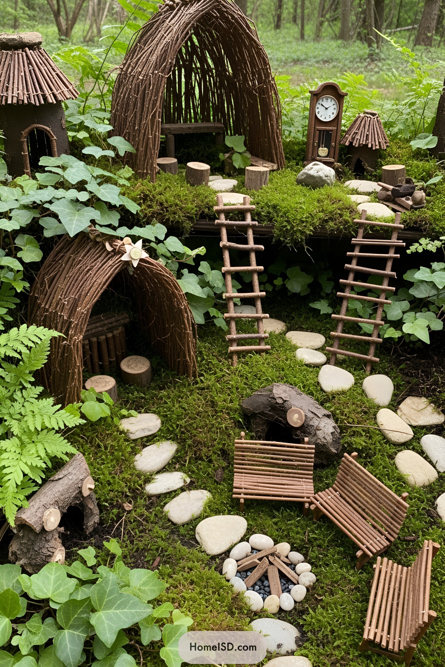 Miniature fairy garden with twig houses and pebble pathways