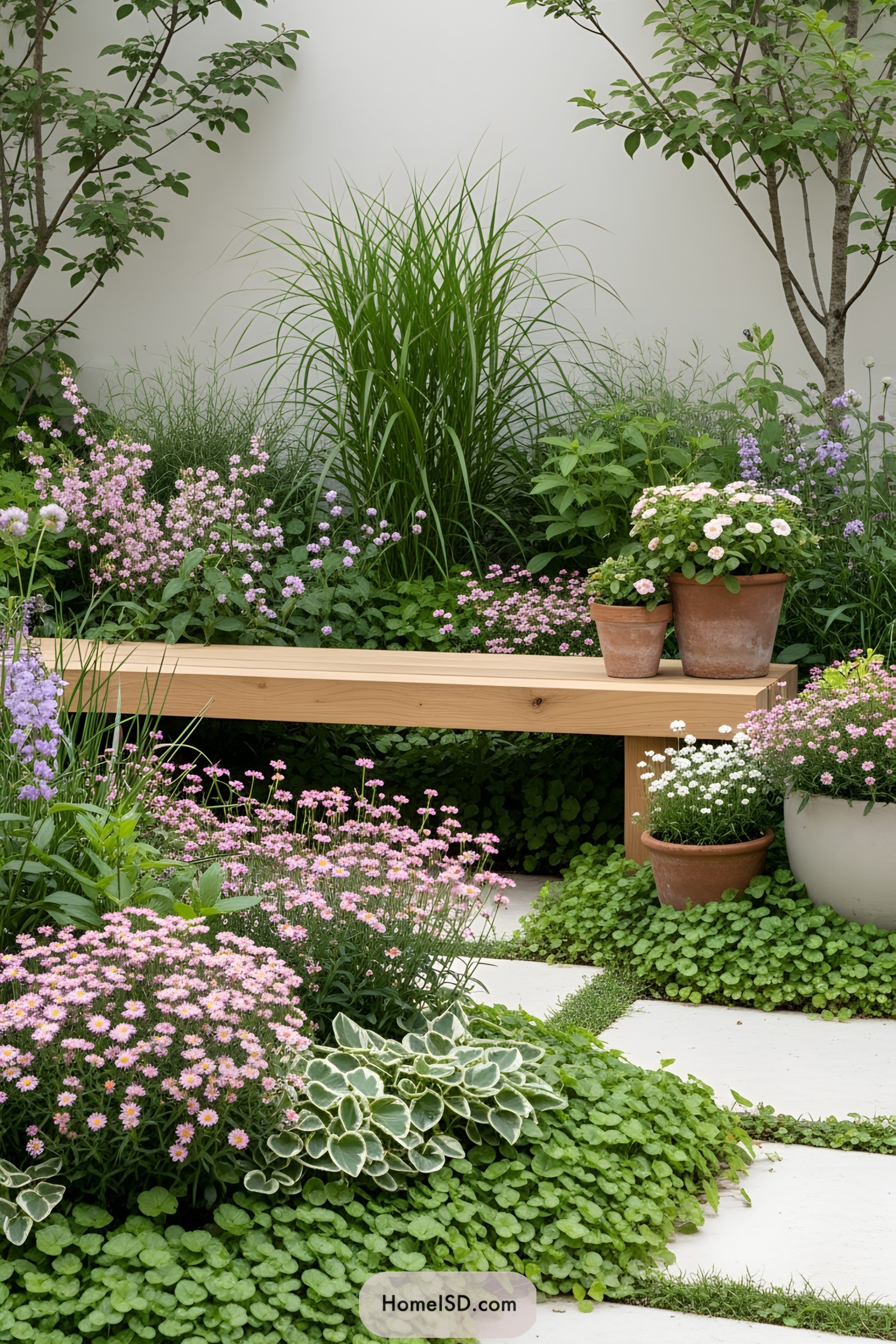 Lush mini garden with vibrant flowers and potted plants