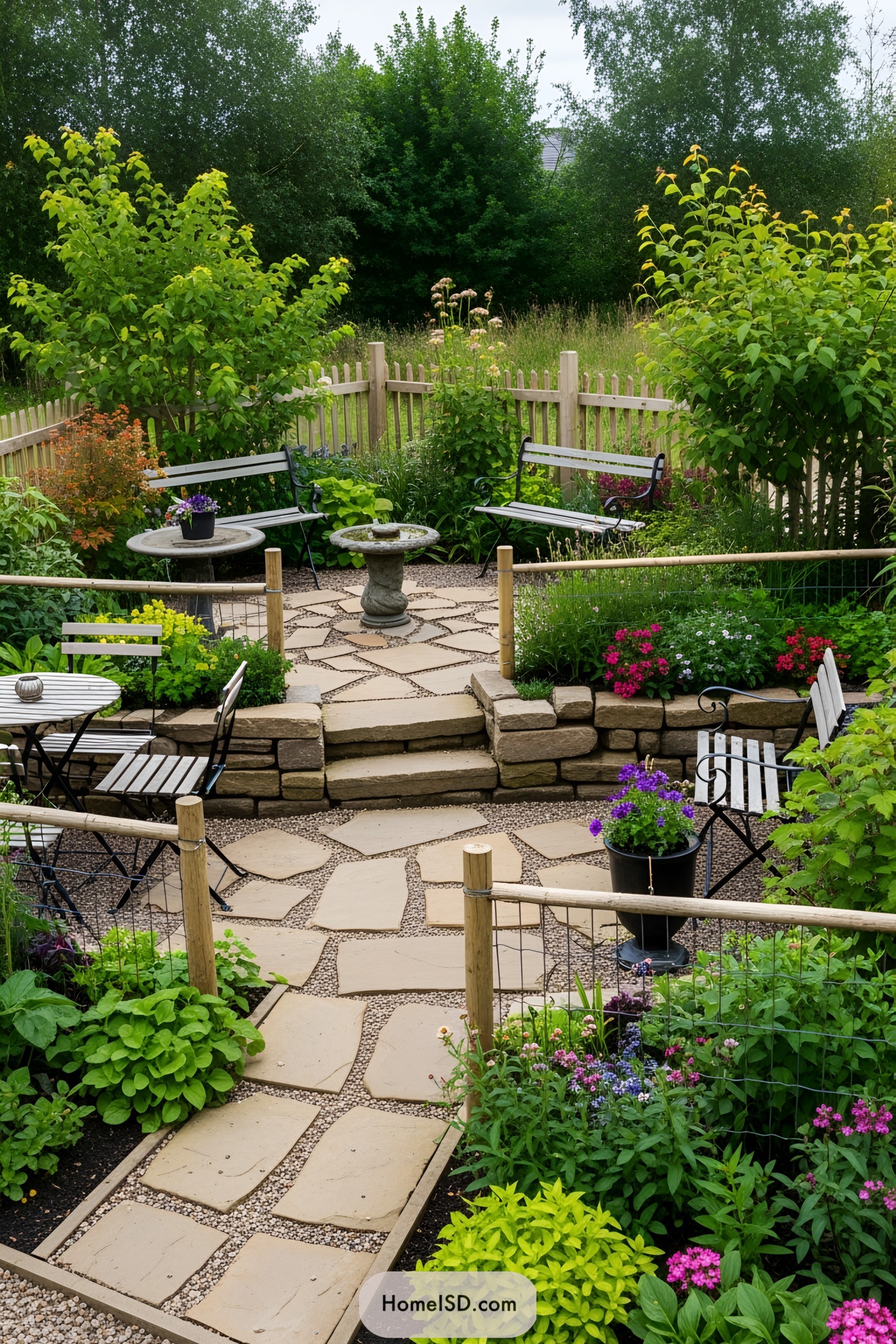 Small garden with stone path, lush plants, and cozy seating