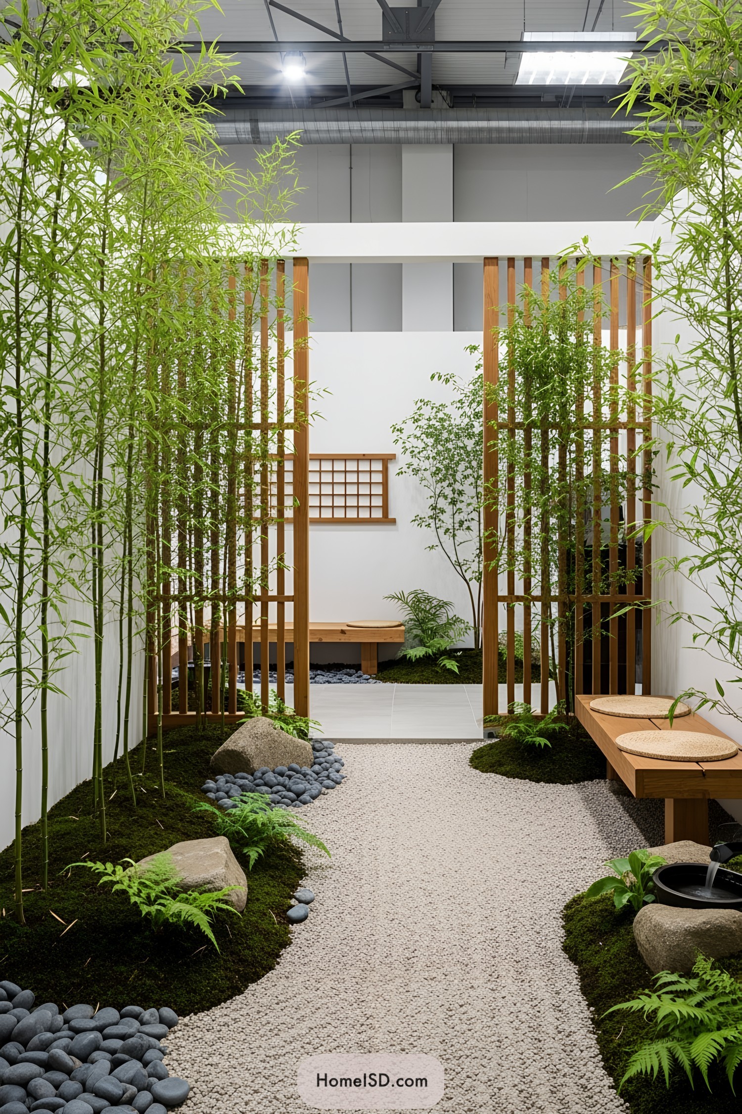Serene minimalist garden with bamboo and gravel path