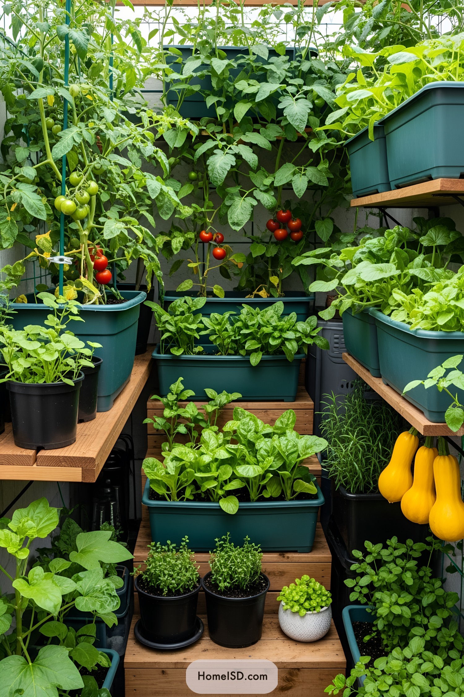 Lush mini-garden bursting with veggies and greenery