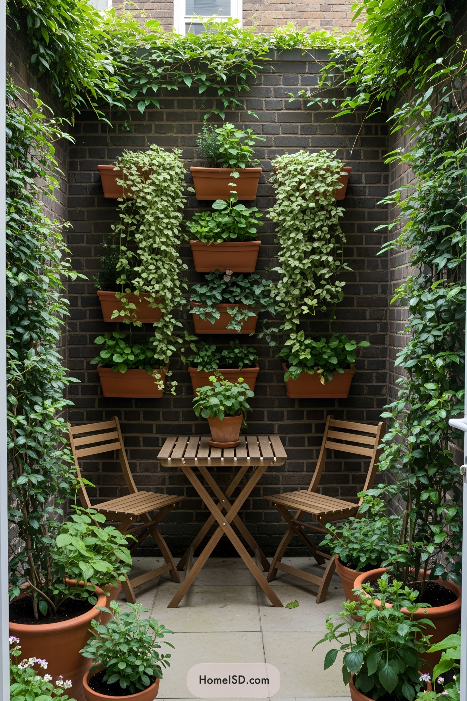 Vertical garden with terracotta pots and small bistro set