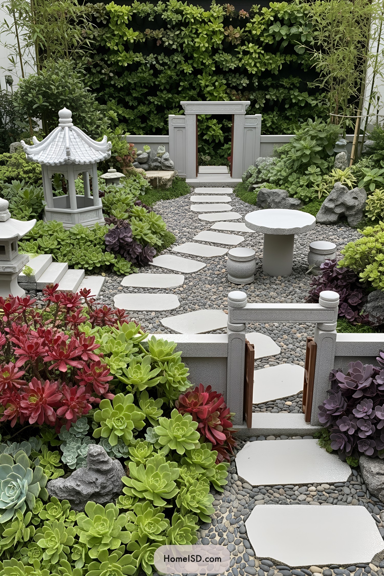Mini garden with a pathway surrounded by lush plants and stone sculptures