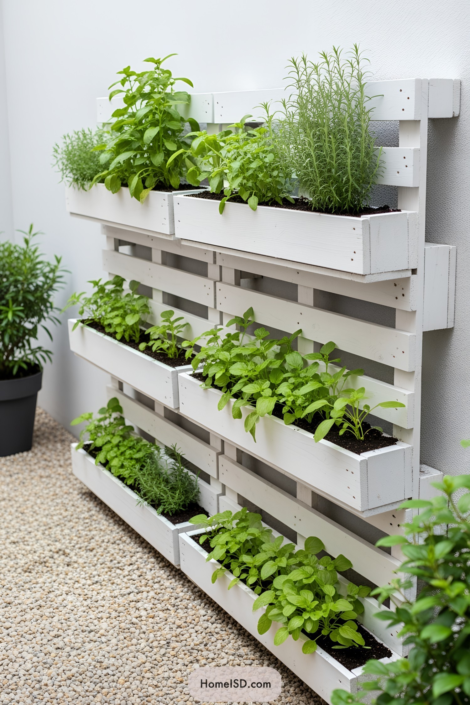 White vertical garden with herbs in wooden boxes