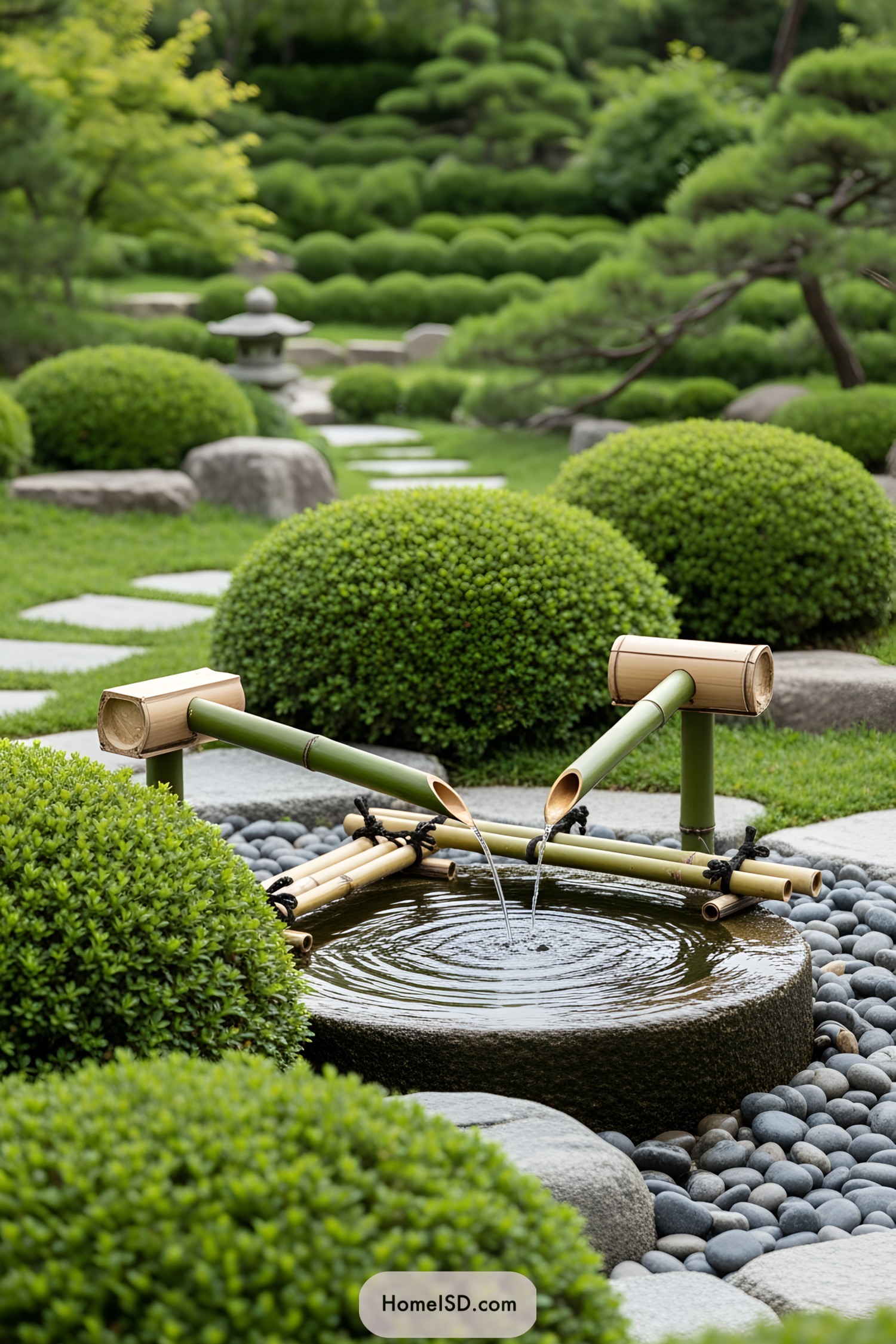 Mini Japanese garden with bamboo water feature