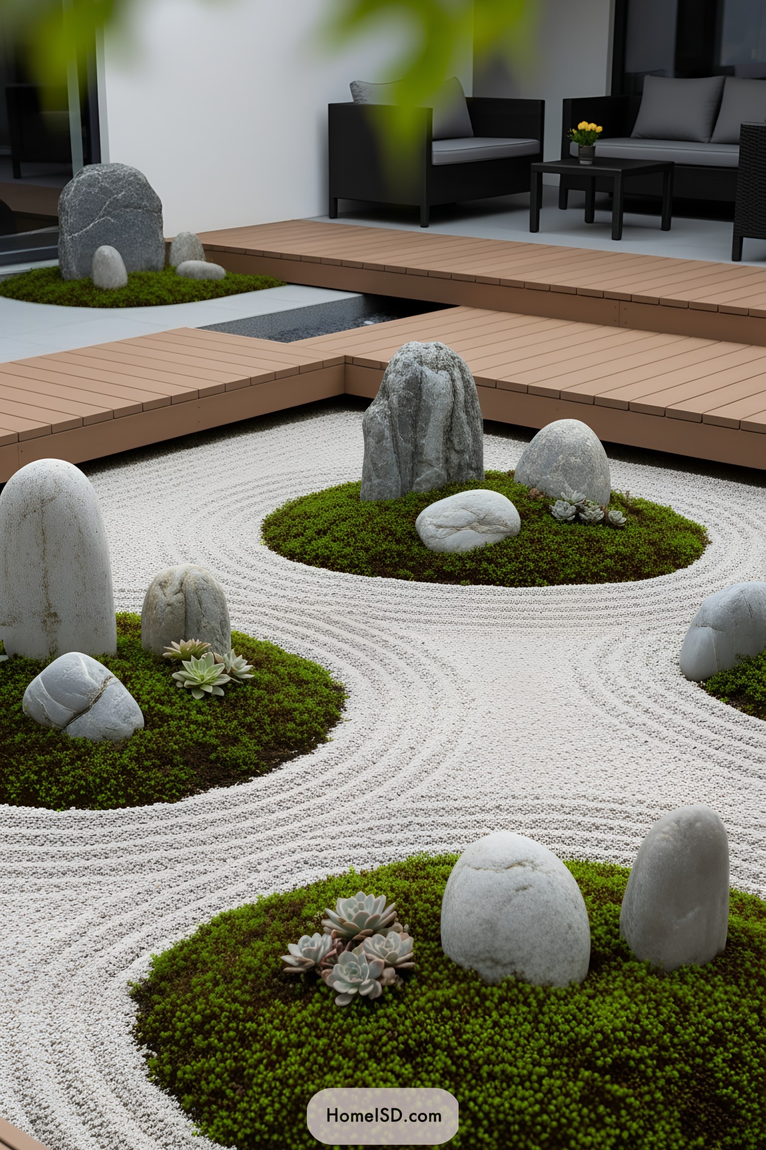 Mini Japanese garden with rocks and raked gravel