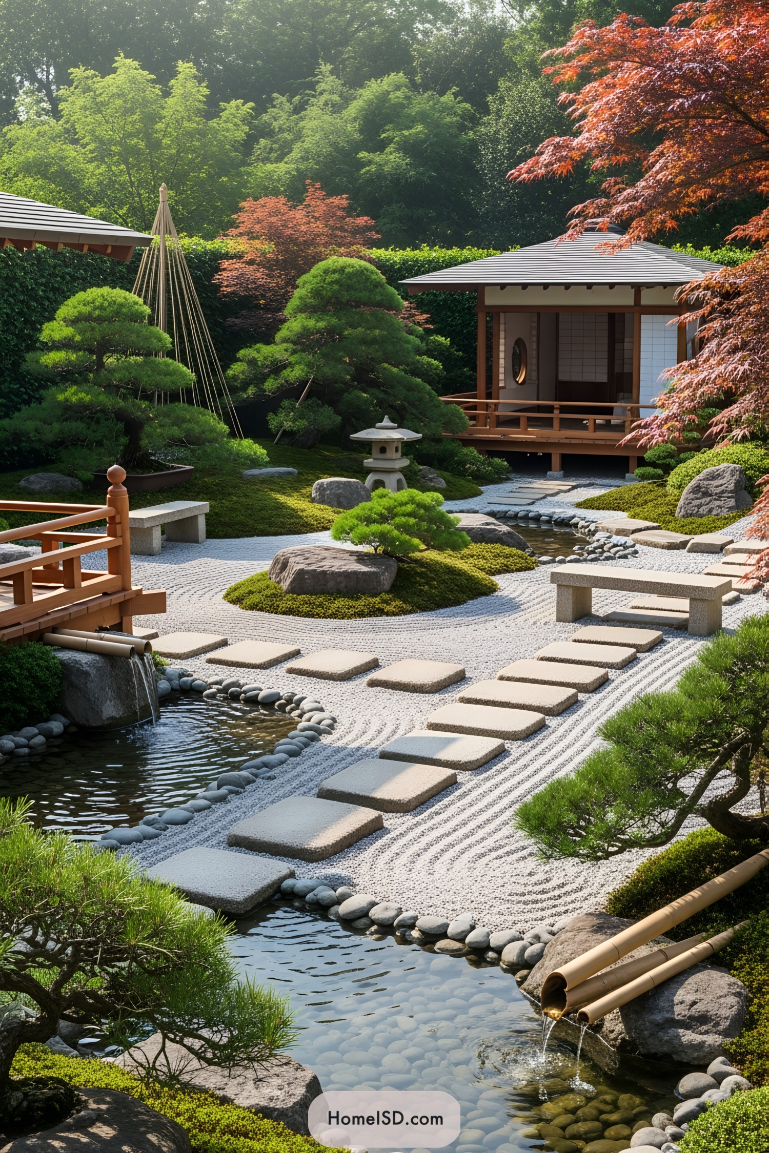 Miniature Japanese garden with stepping stones and greenery