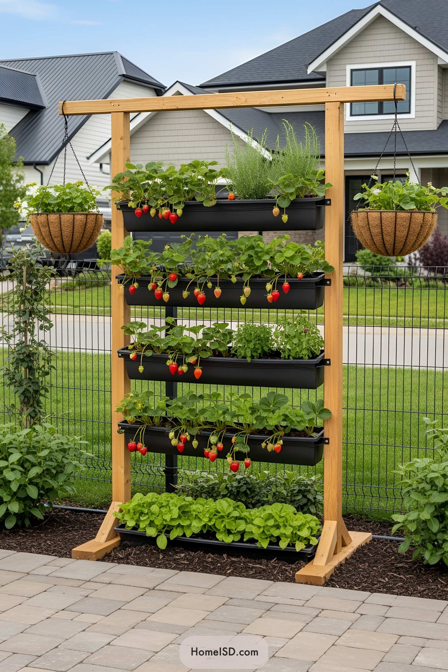 Vertical planter with strawberries and herbs in a backyard