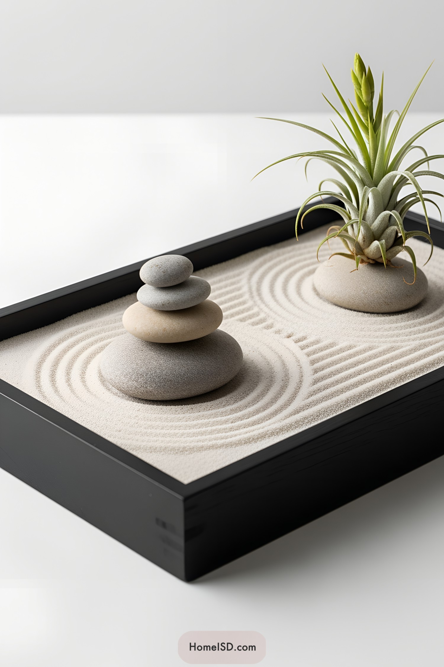 Mini zen garden with stacked stones and a plant on sand