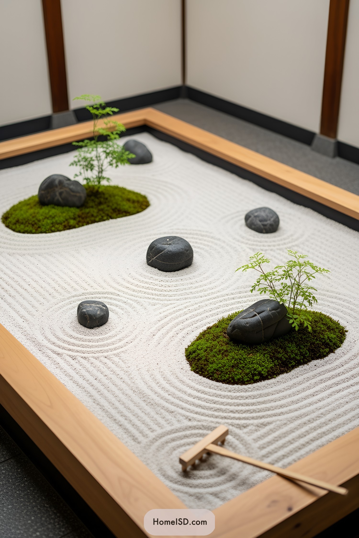 Miniature sand garden with black stones and green moss islands