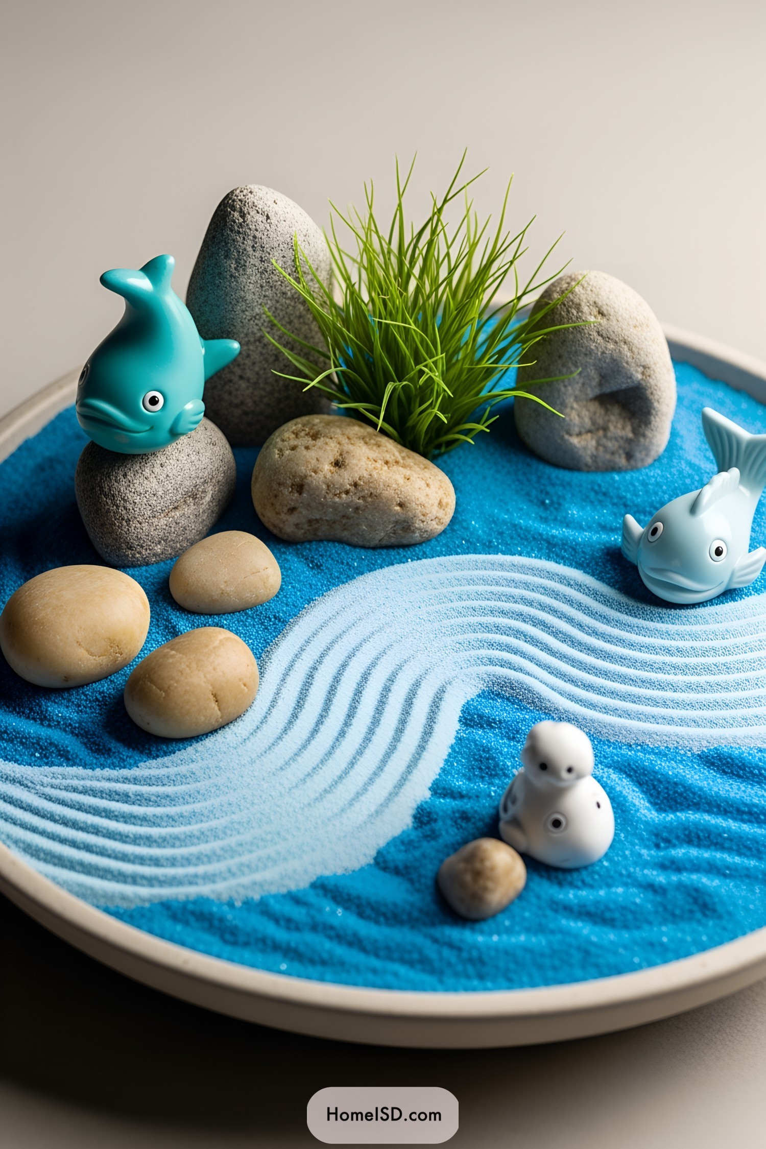 Miniature zen garden with blue sand, pebbles, and playful figures