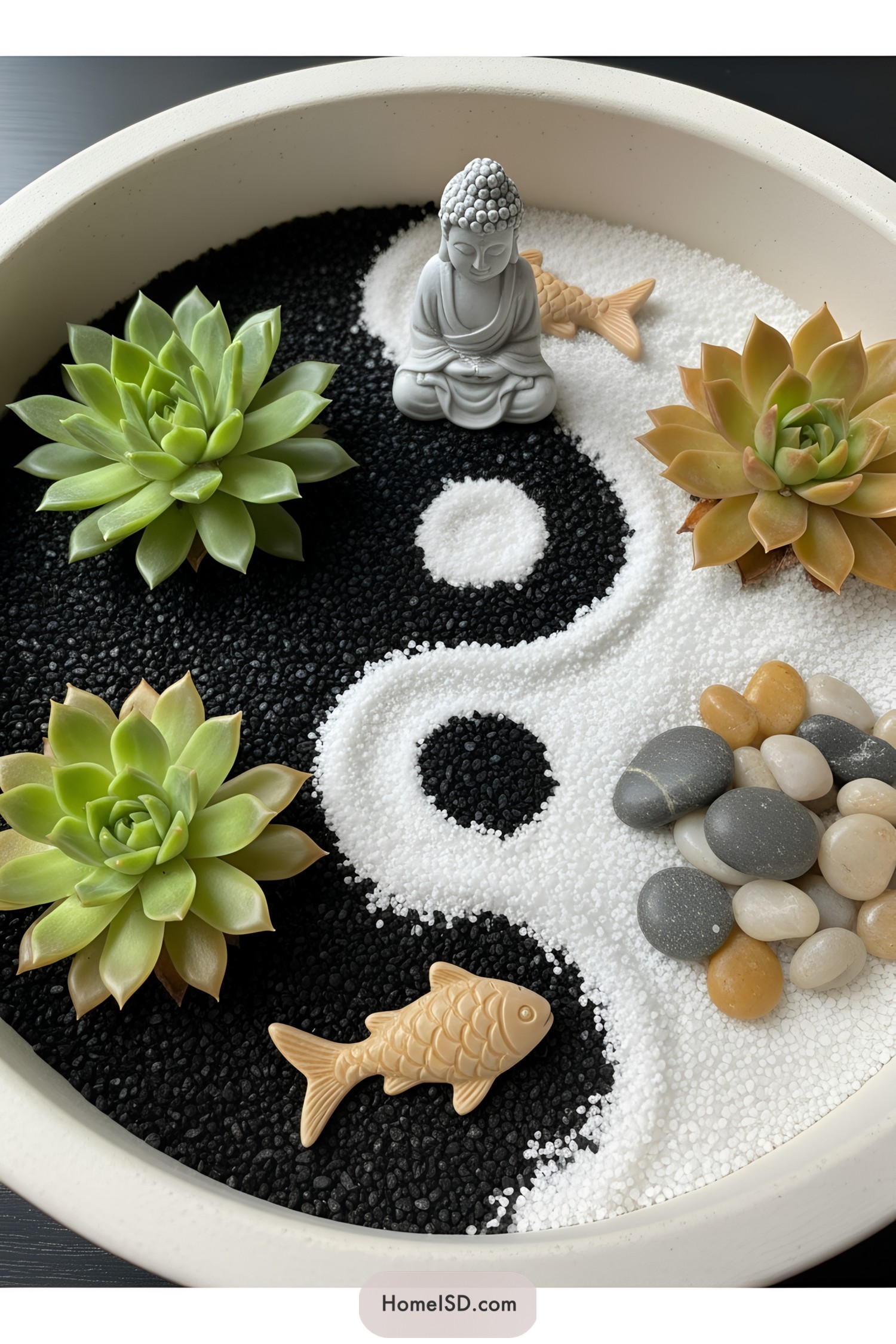 Mini zen garden with succulents, pebbles, and a Buddha statue arranged in a yin-yang pattern