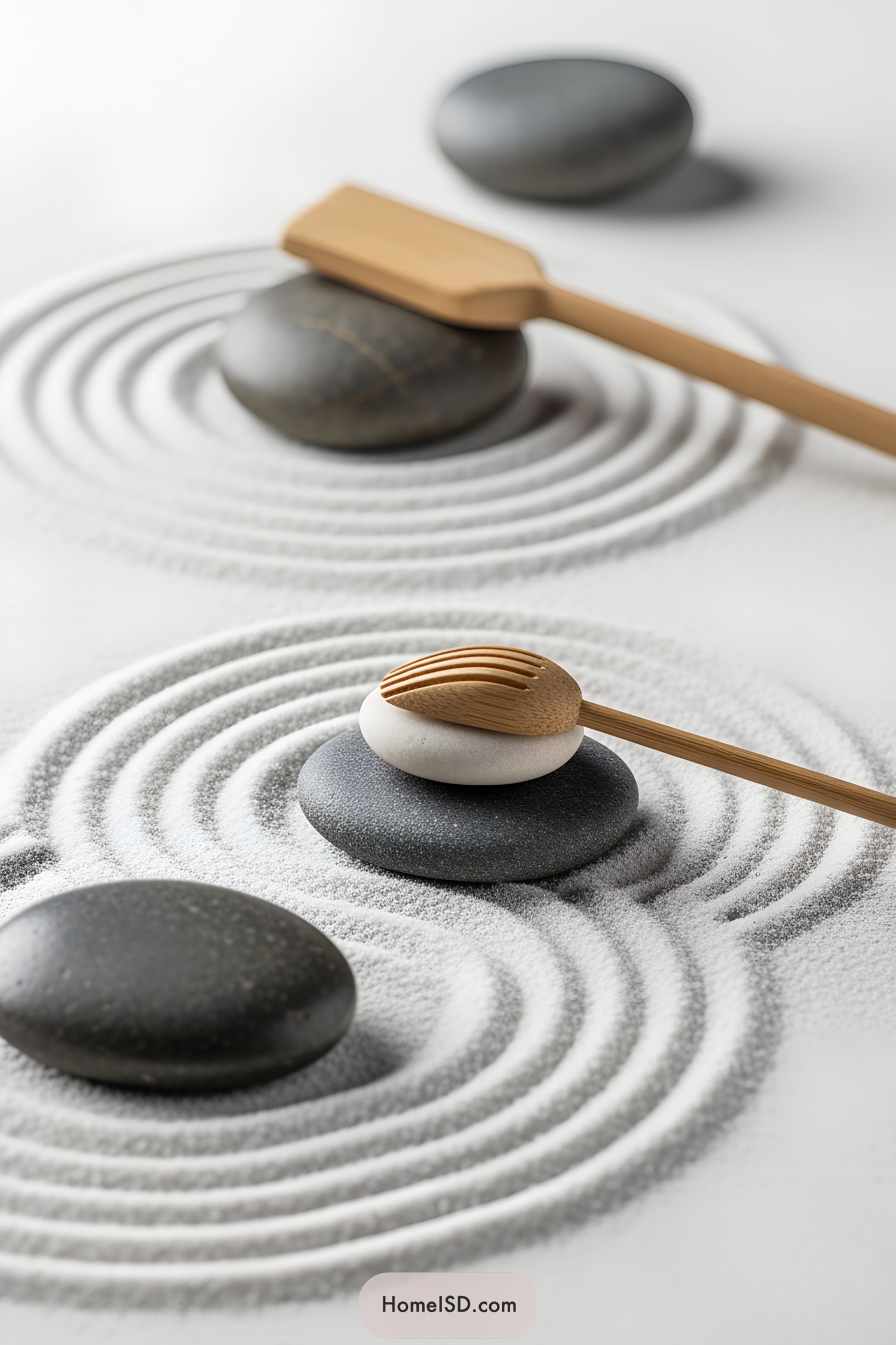 Smooth stones with raked sand patterns and wooden tools