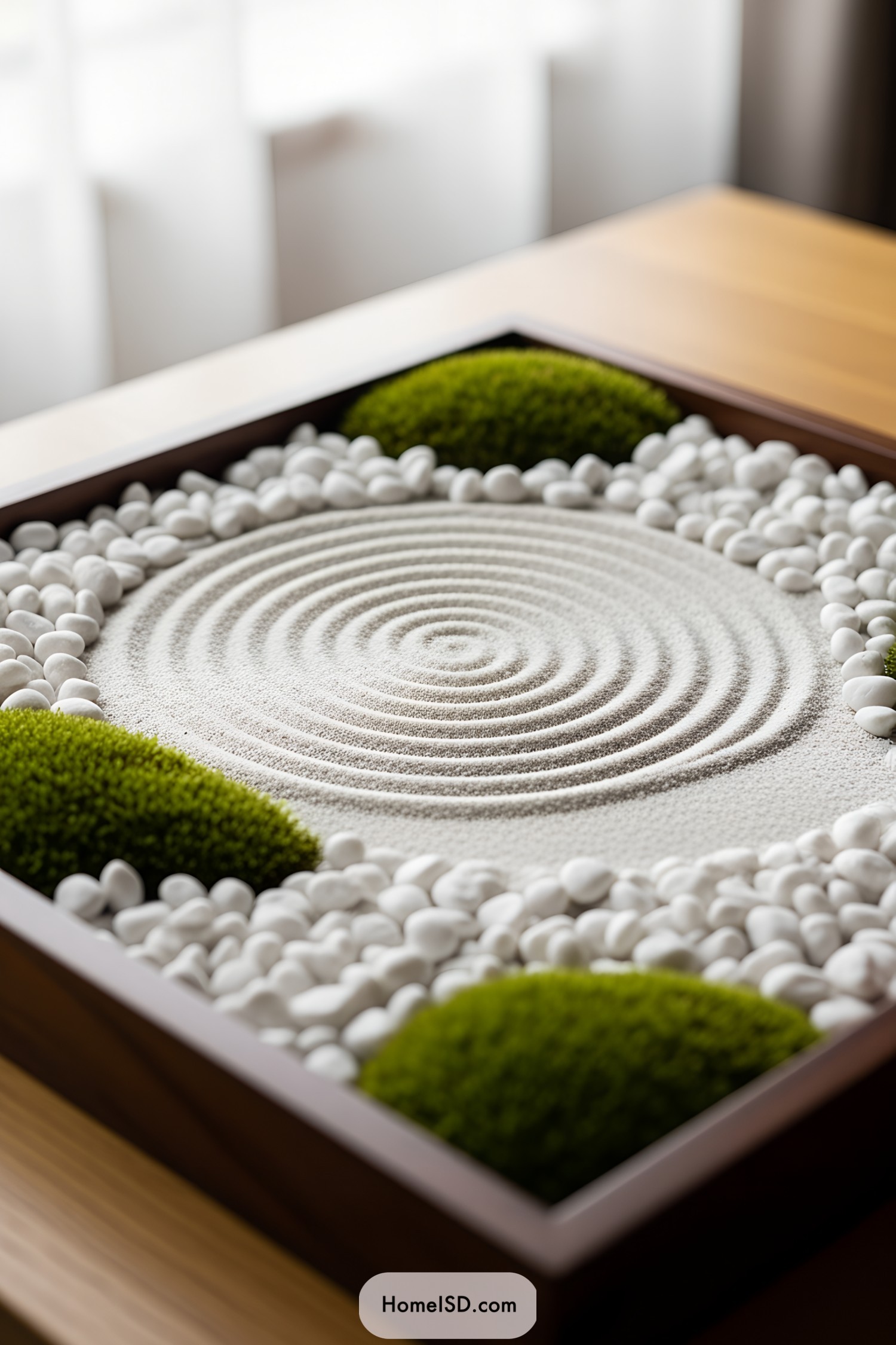 Mini zen garden with circles in the sand, surrounded by stones and moss