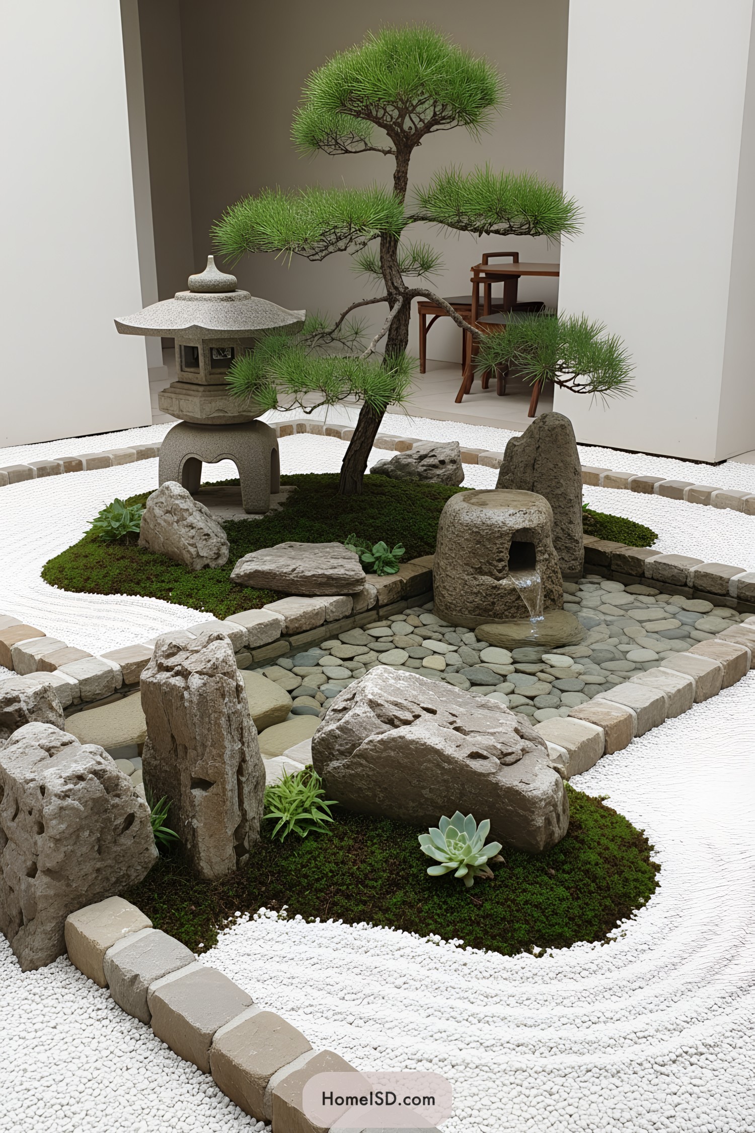 Mini zen garden with rocks, gravel, and a small tree