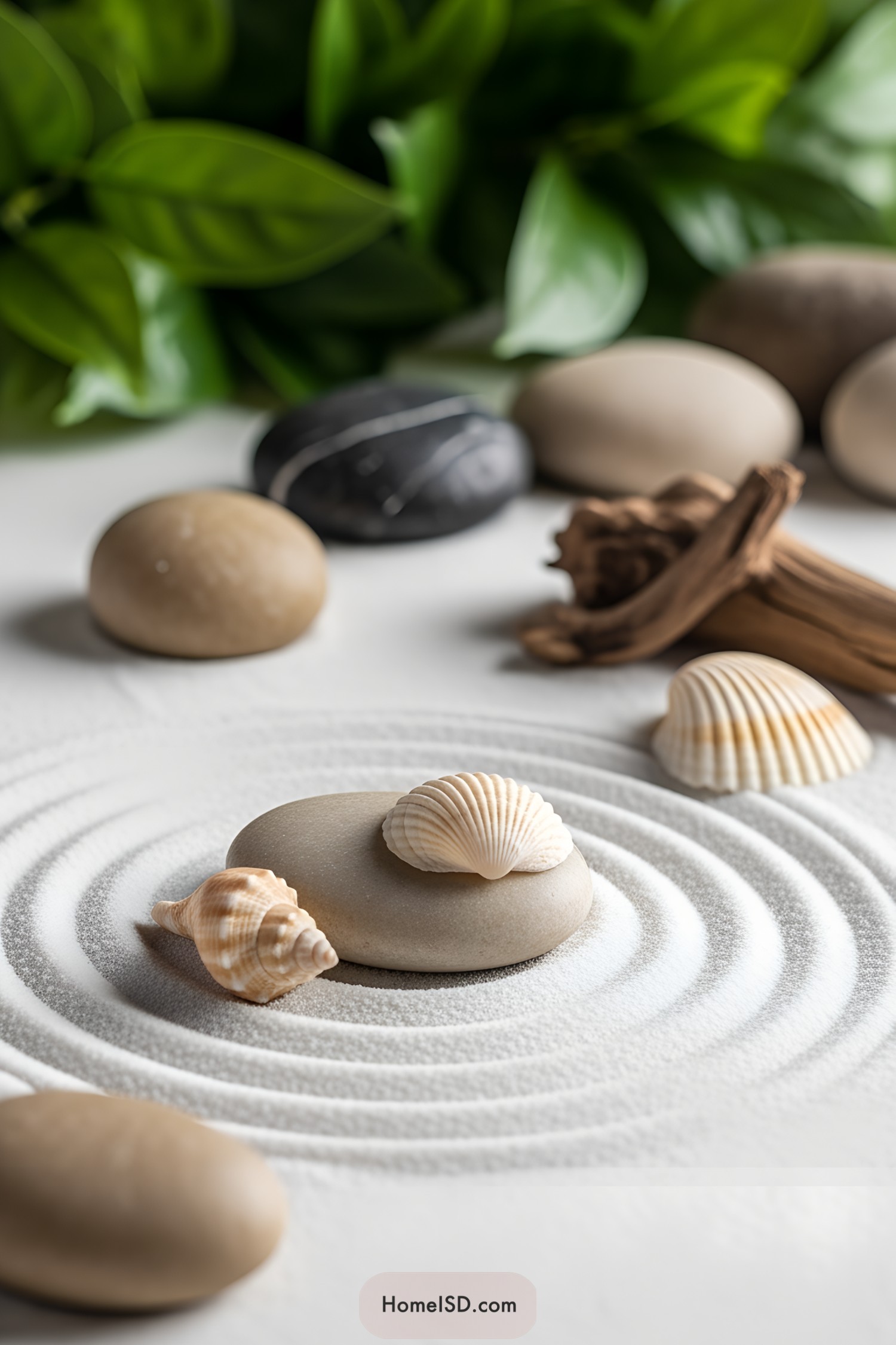 Miniature zen garden with smooth stones and seashells