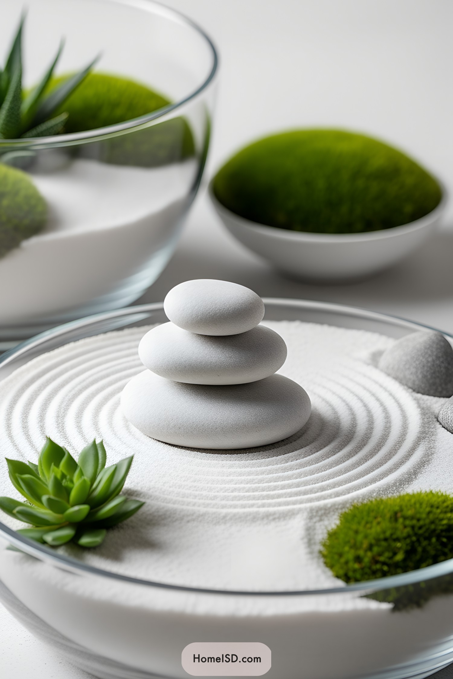 Glass bowl with sand, stacked stones, and small plants