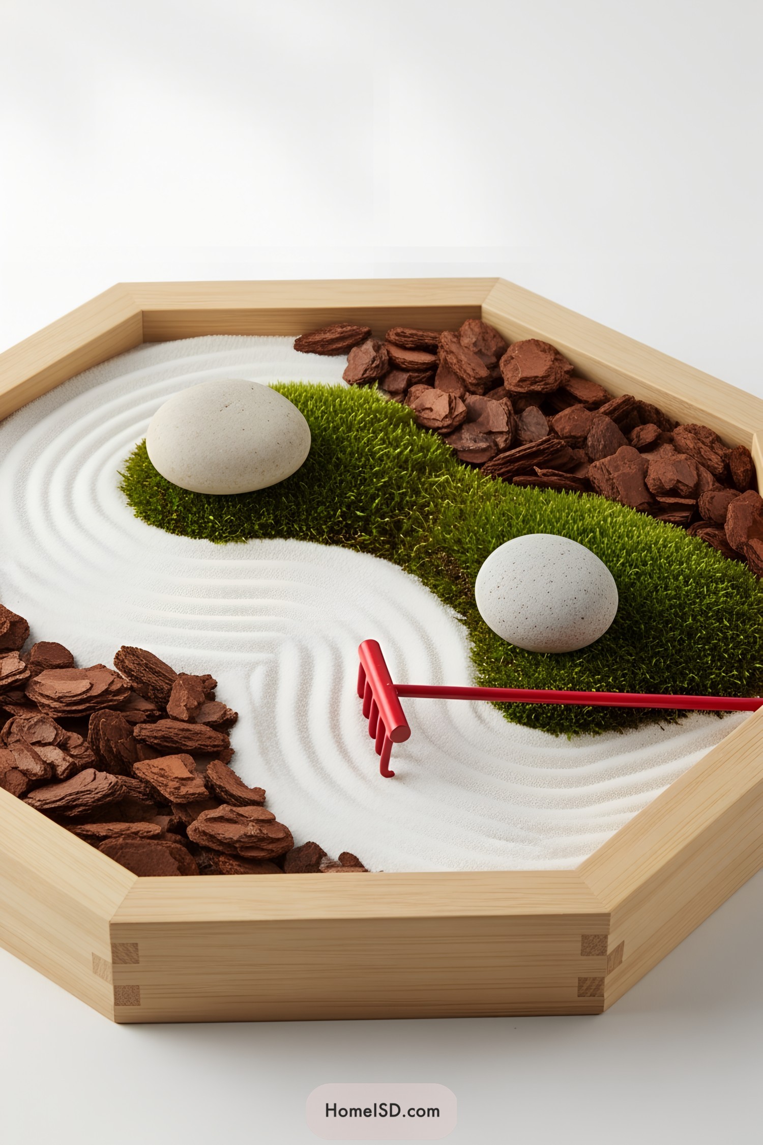 Miniature zen garden with stones and rake
