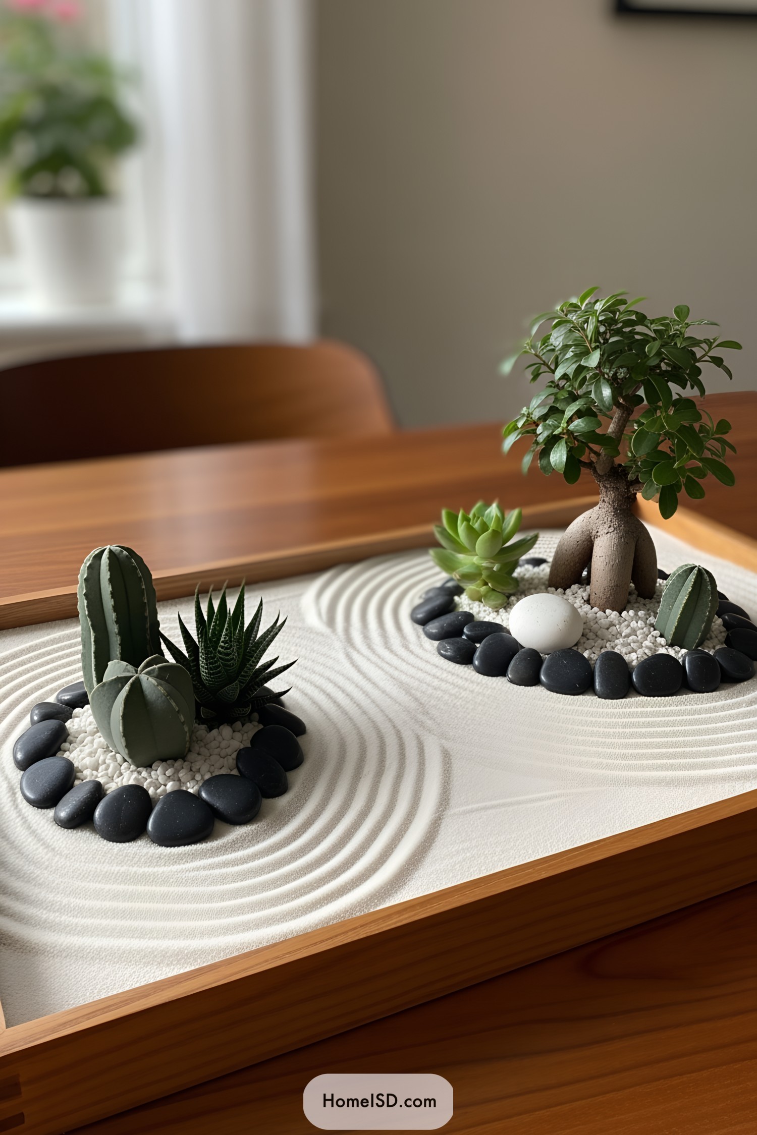 Miniature zen garden with succulents and pebbles