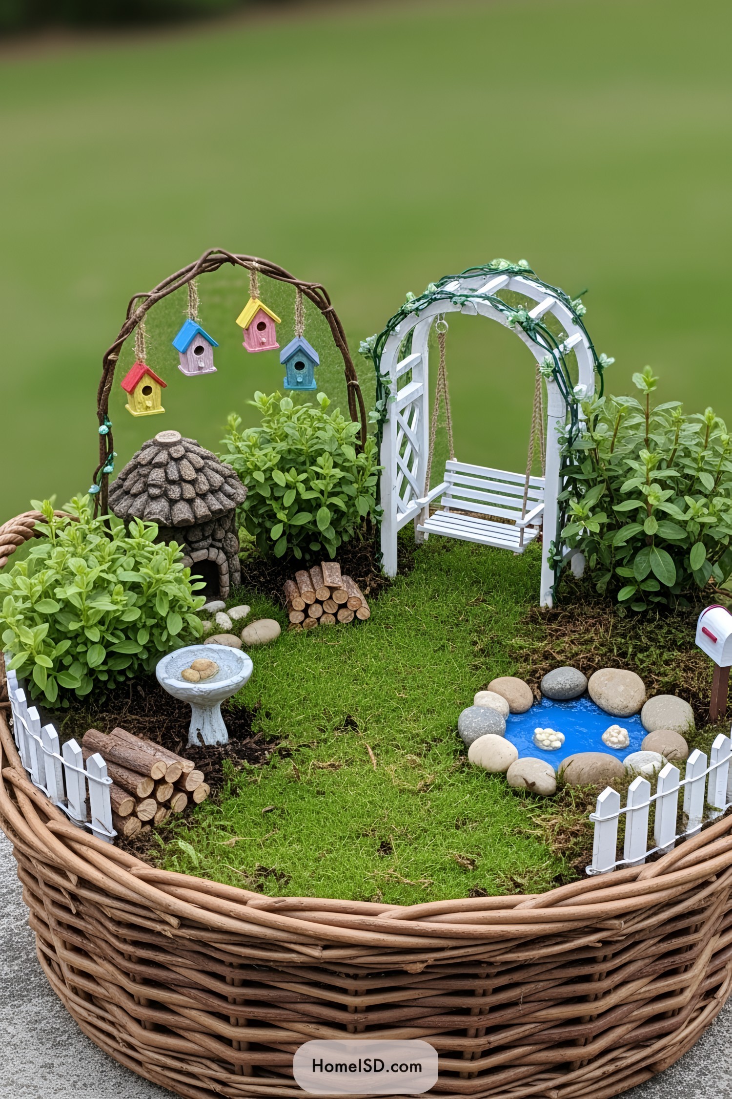 Mini fairy garden with a swing, pond, and birdhouses