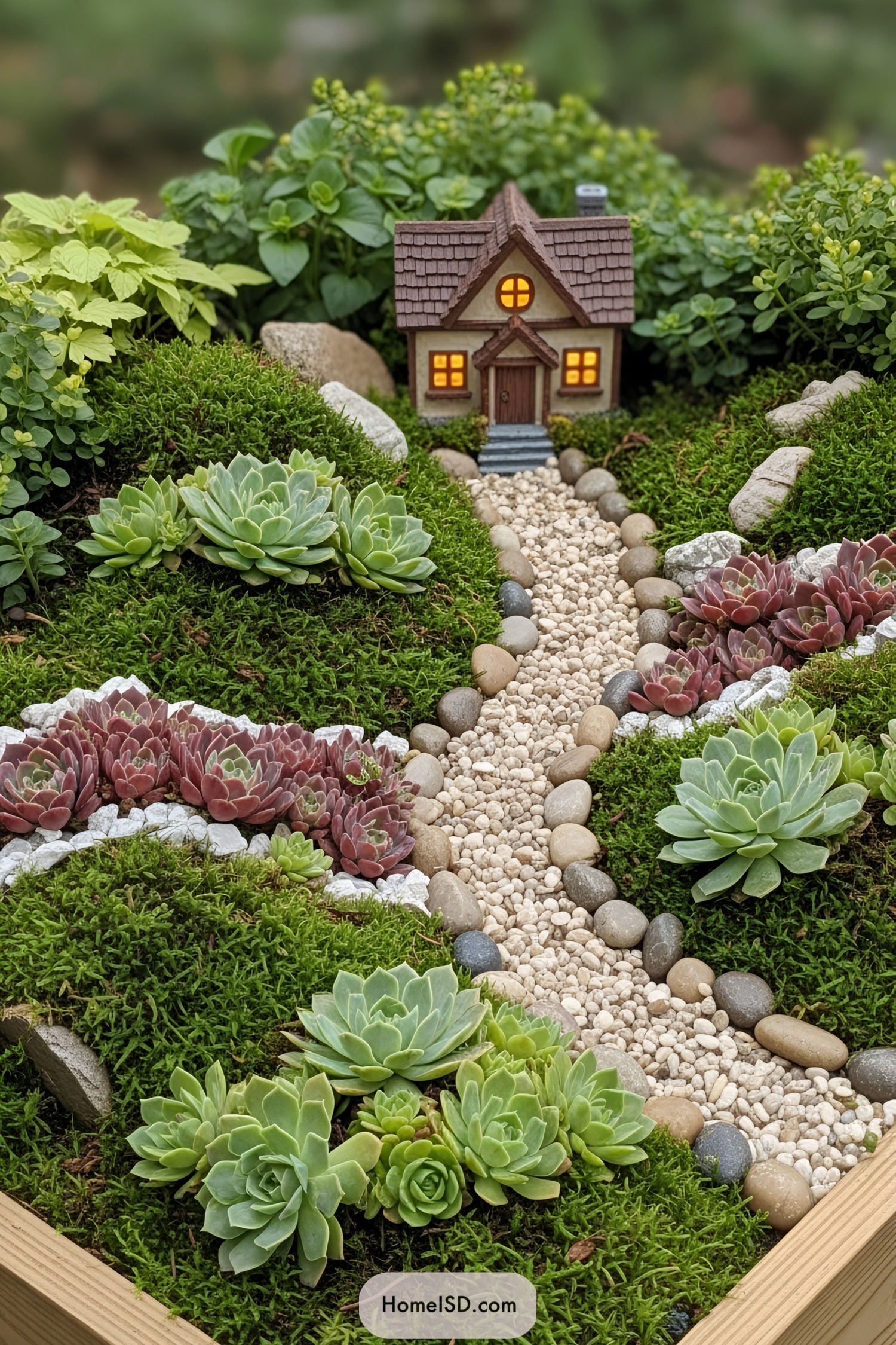 Miniature house with glowing windows surrounded by succulents