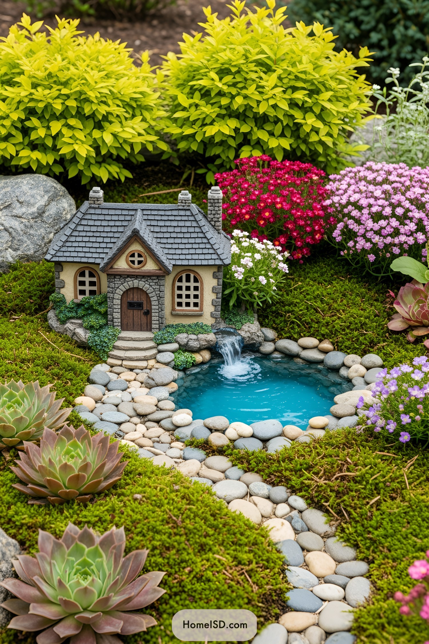 Miniature house with pond in a fairy garden