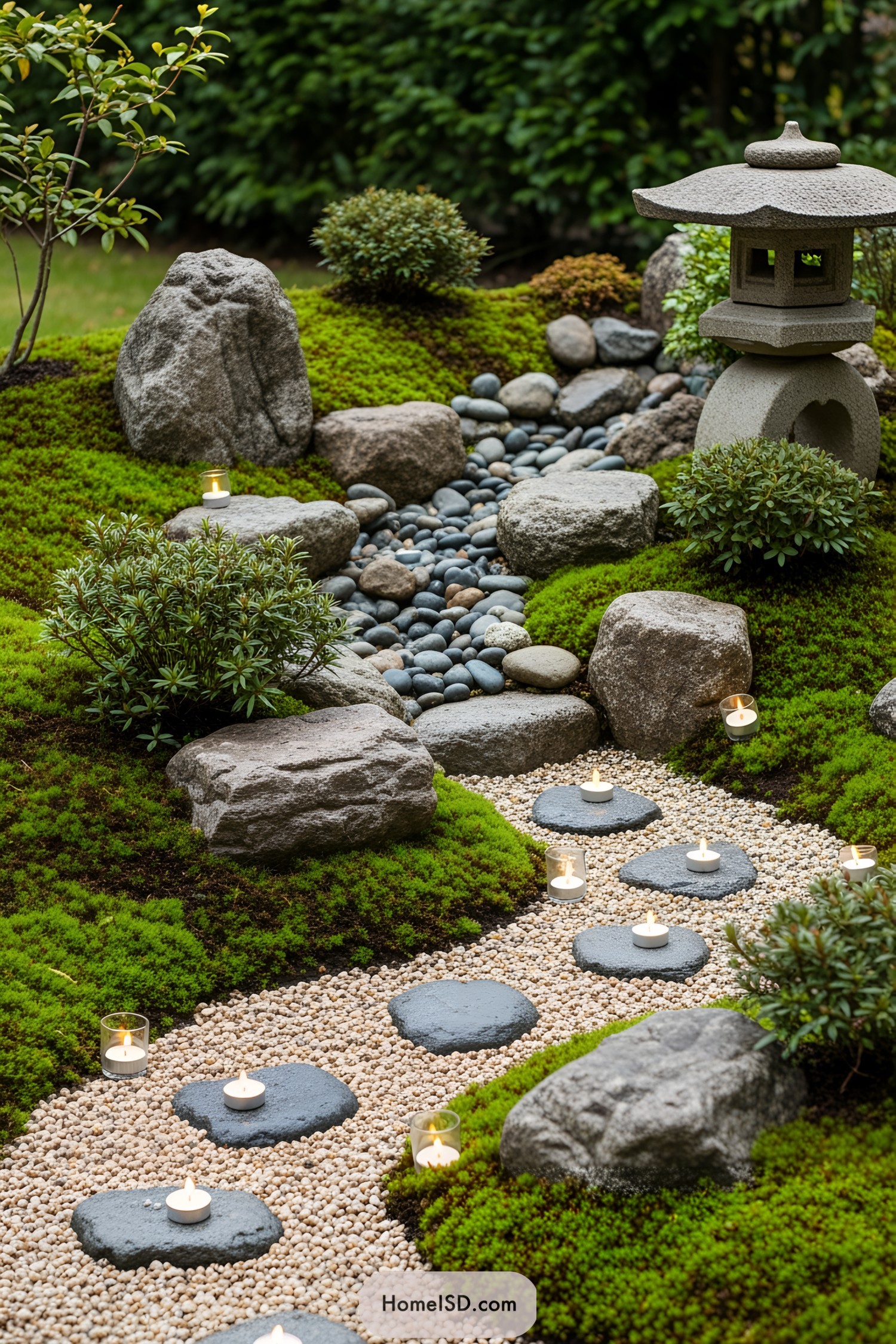 Miniature Japanese garden with pebbles, greenery, and a stone lantern