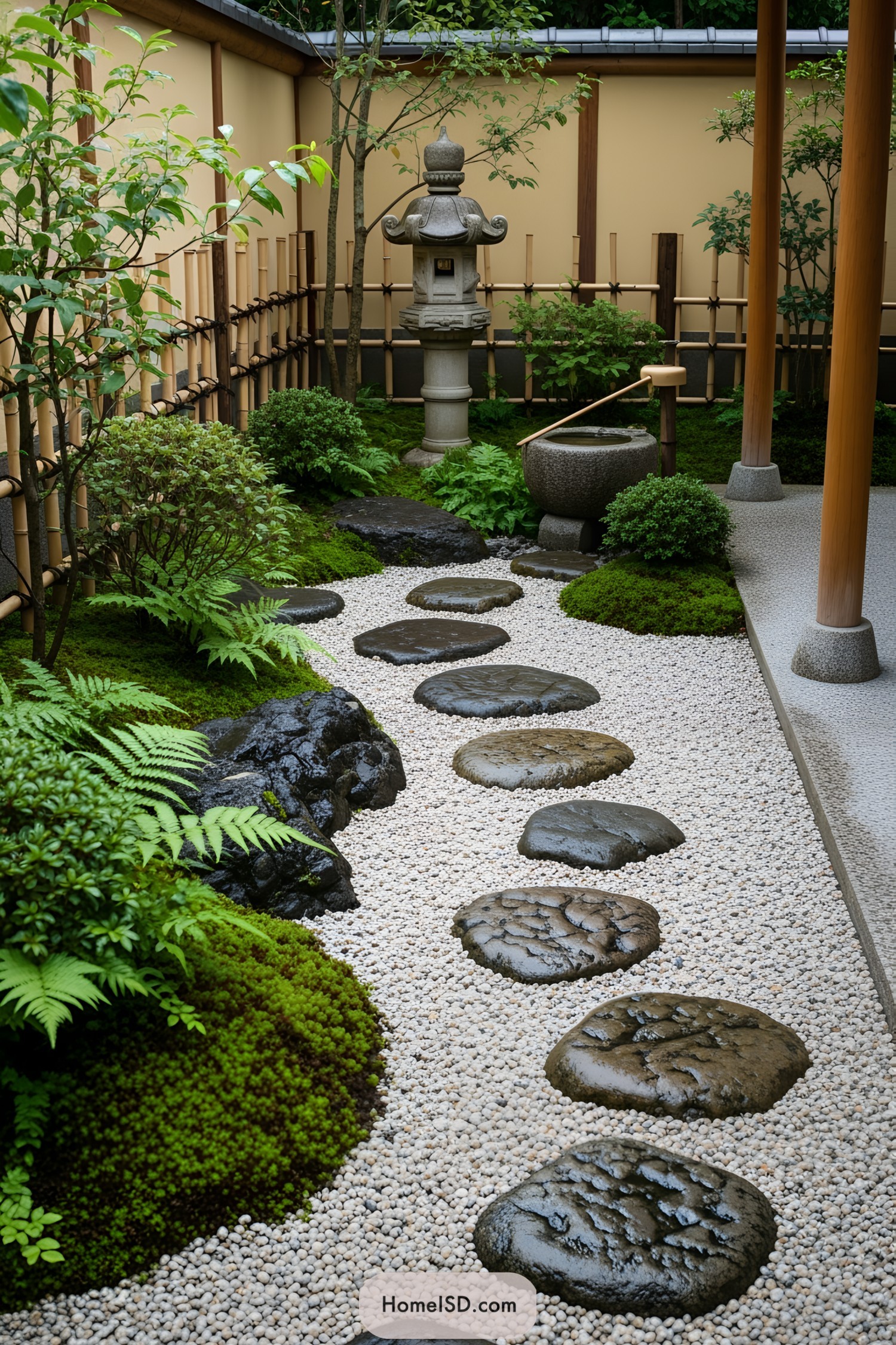 Miniature Japanese garden with stepping stones and lush greenery