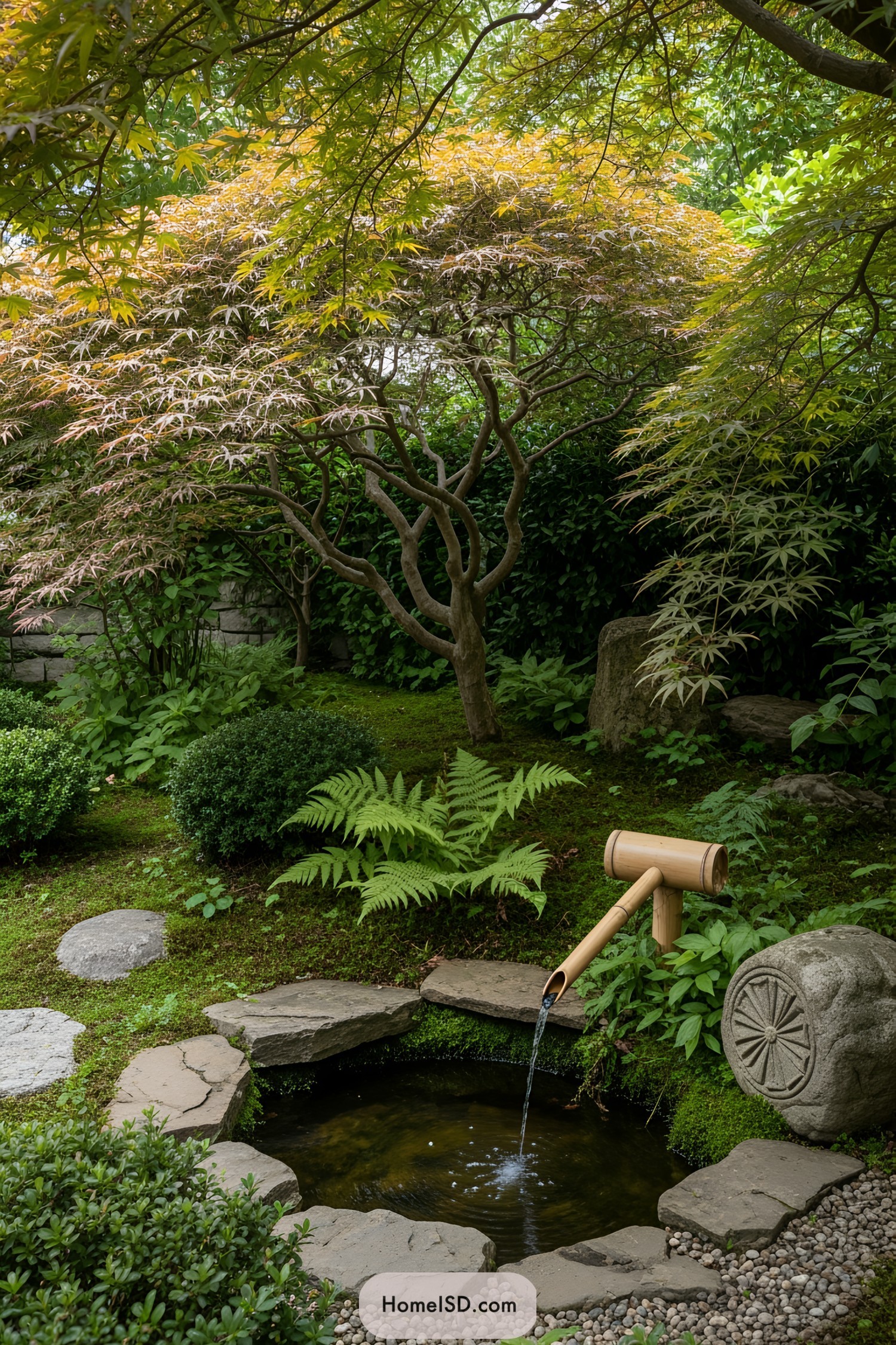 Miniature Japanese garden with bamboo water feature