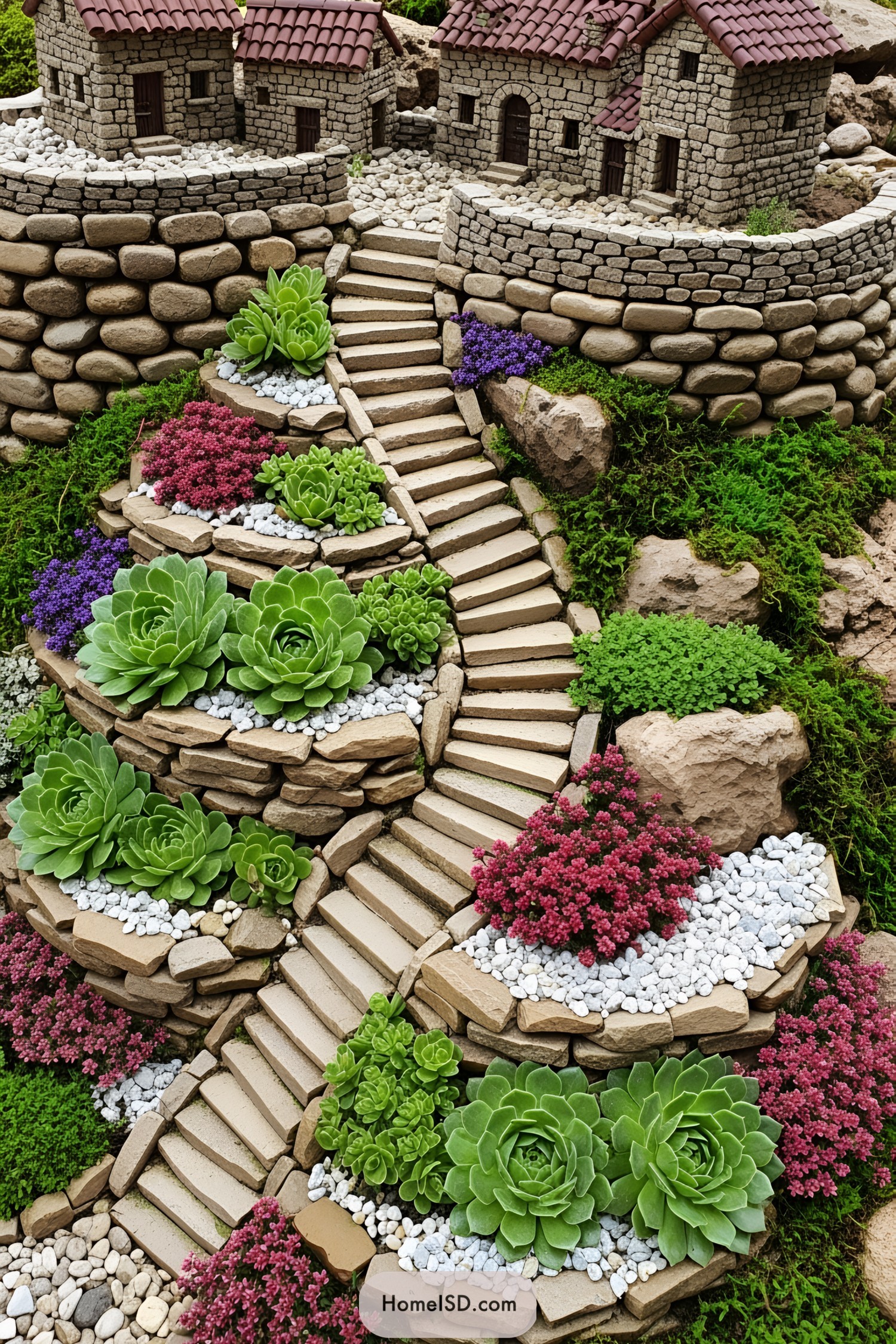 Miniature stone houses with charming terracotta roofs surrounded by lush succulents