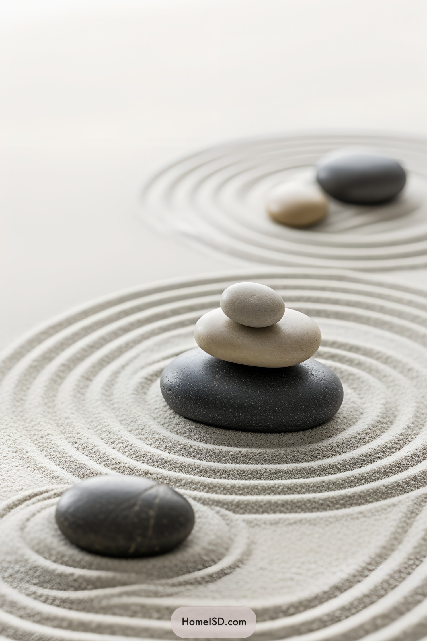 Sand patterns and stacked pebbles in a miniature zen garden