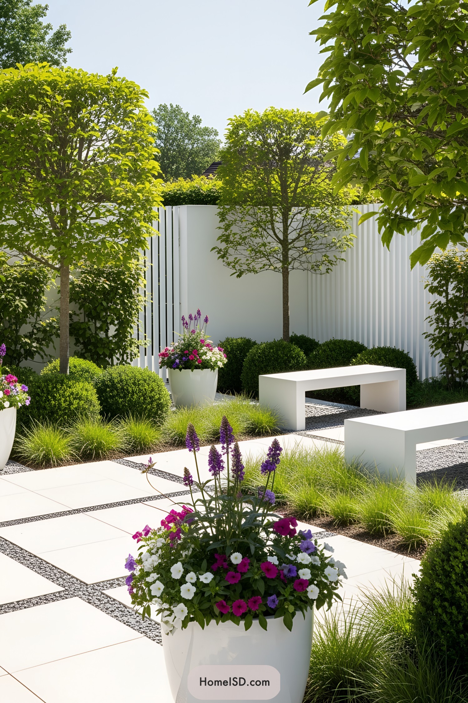 Courtyard with white flower pots and modern benches