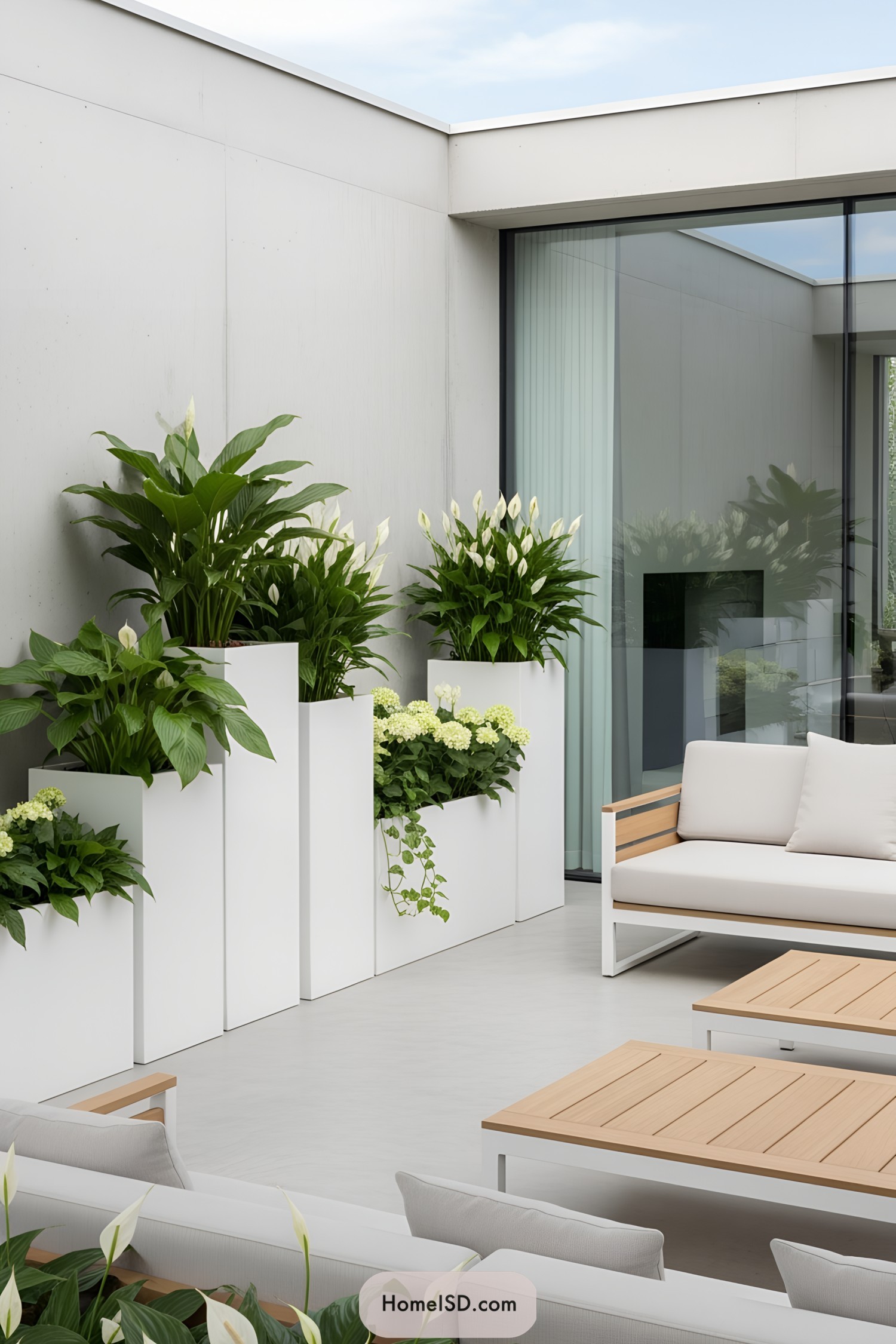 Modern patio with sleek white planters and cushioned seating